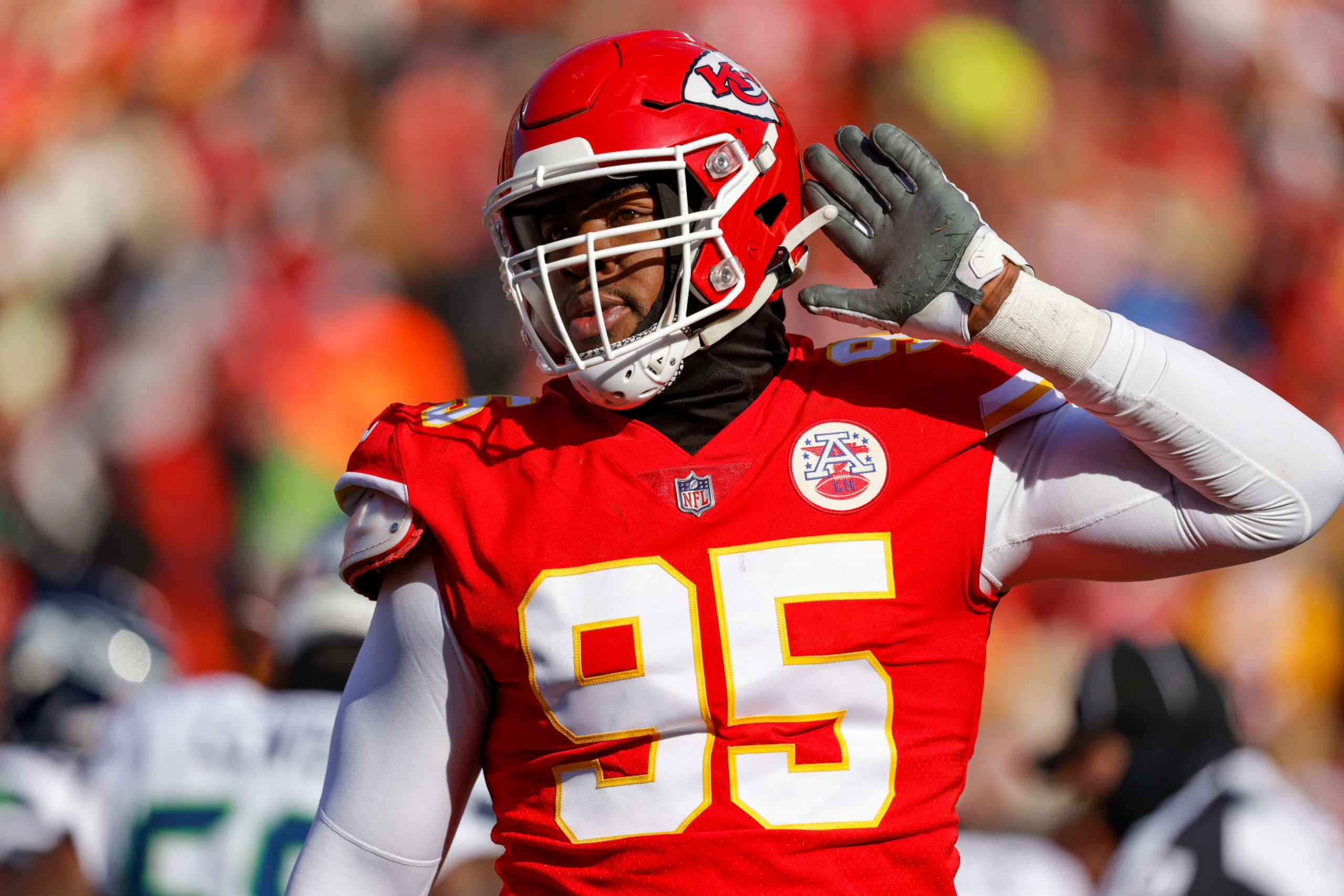 KANSAS CITY, MO - DECEMBER 24: Chris Jones #95 of the Kansas City Chiefs reacts after assisting on a quarterback sack during the second quarter against the Seattle Seahawks at Arrowhead Stadium on December 24, 2022 in Kansas City, Missouri. (Photo by David Eulitt/Getty Images)