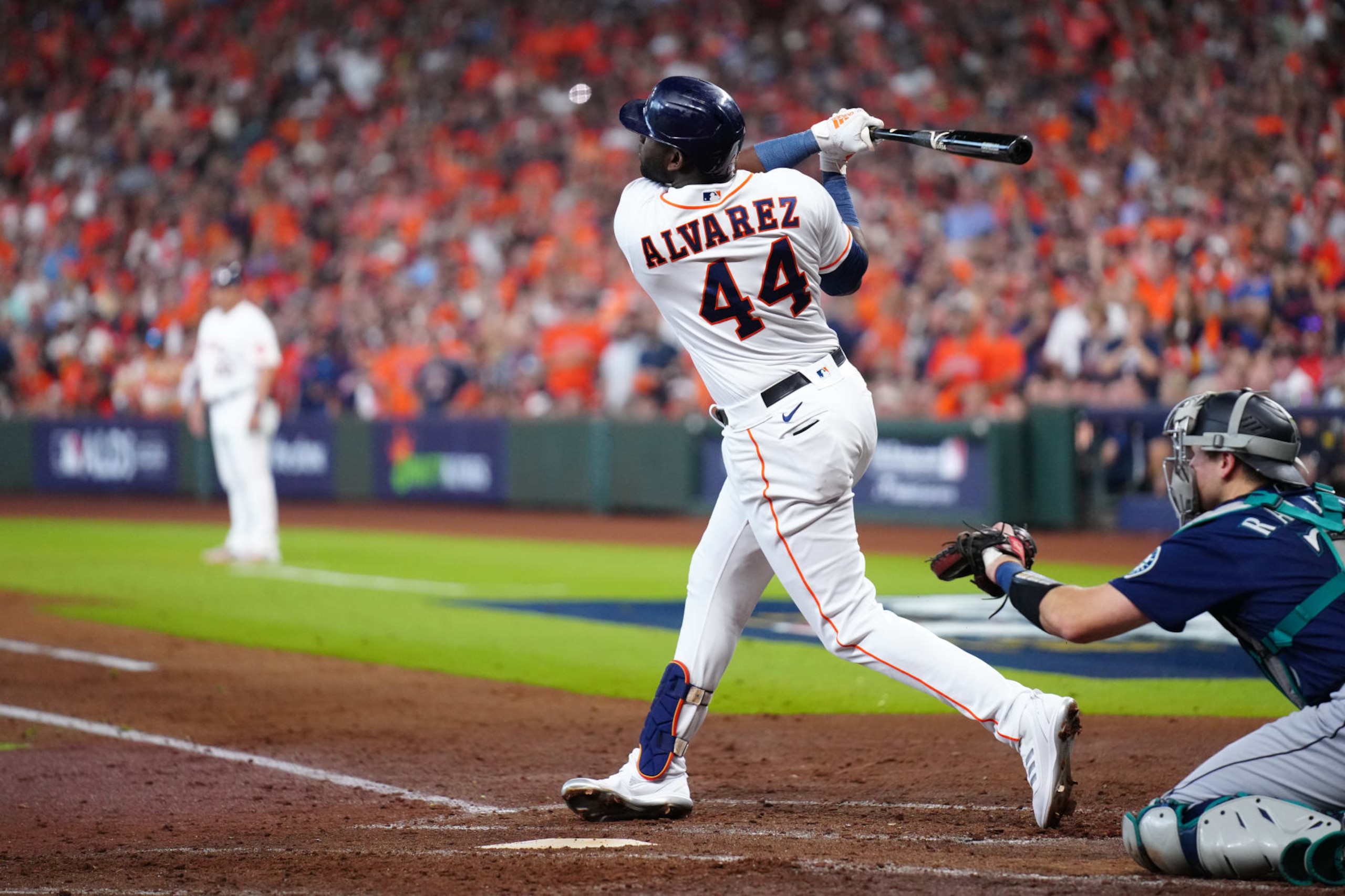 HOUSTON, TX - OCTOBER 11: Yordan Alvarez #44 of the Houston Astros bats during the game between the Seattle Mariners and the Houston Astros at Minute Maid Park on Tuesday, October 11, 2022 in Houston, Texas. (Photo by Daniel Shirey/MLB Photos via Getty Images)