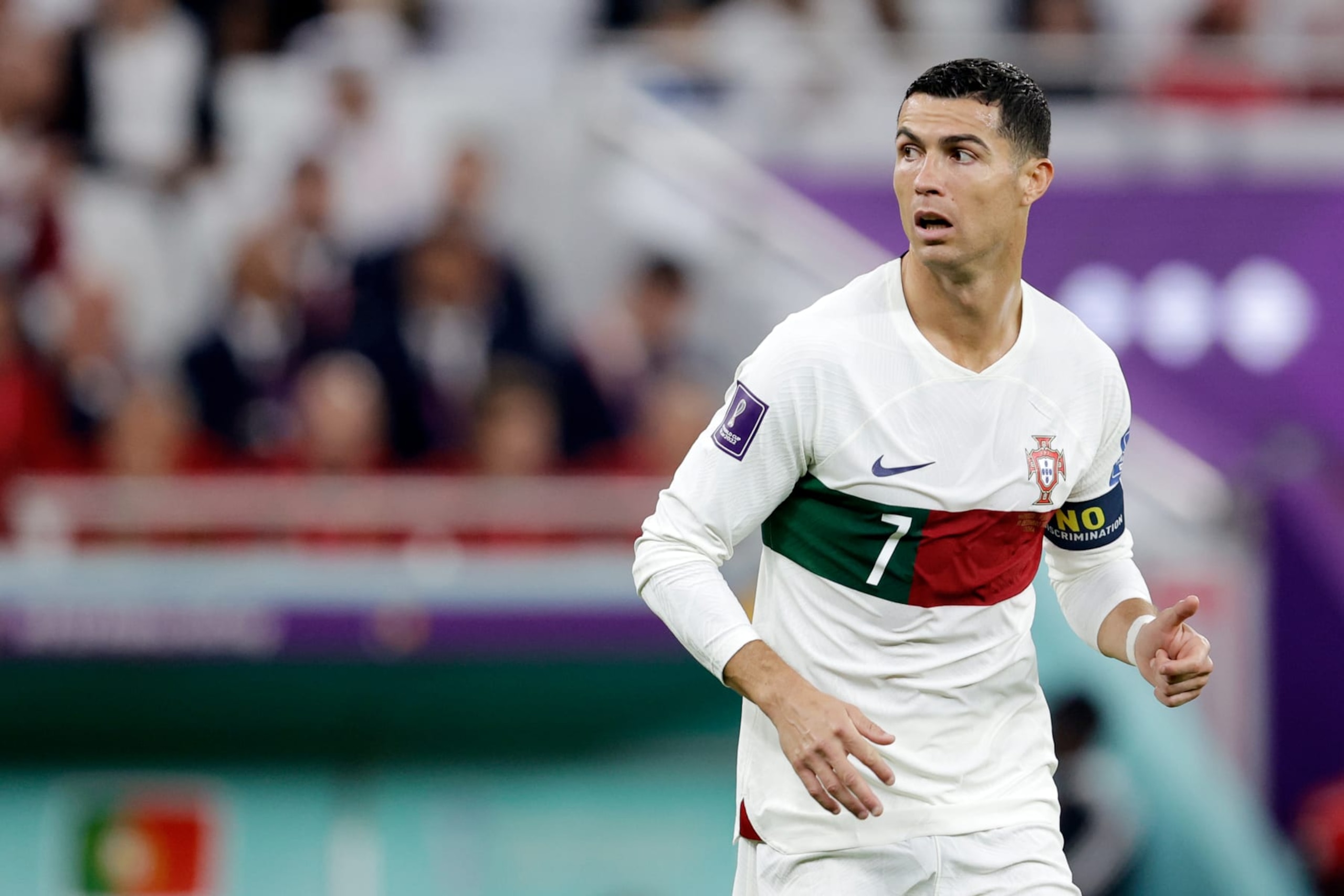 DOHA, QATAR - DECEMBER 10: Cristiano Ronaldo of Portugal  during the  World Cup match between Morocco  v Portugal  at the Al Thumama Stadium on December 10, 2022 in Doha Qatar (Photo by Eric Verhoeven/Soccrates/Getty Images)