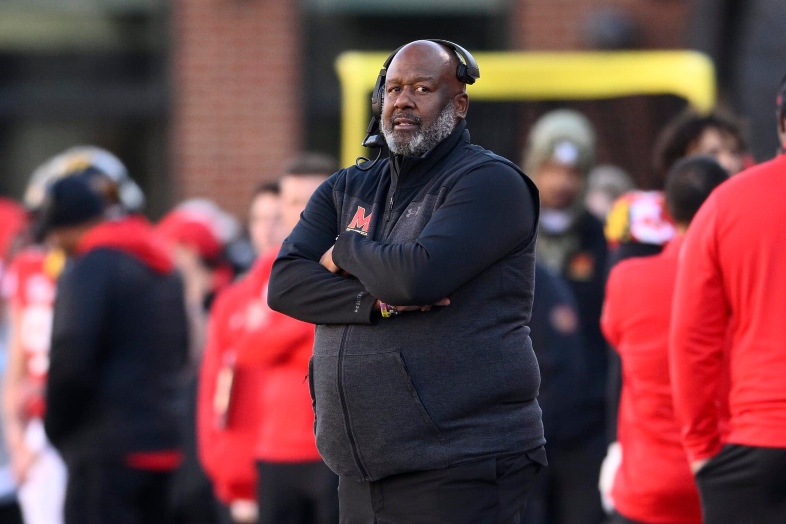 Maryland head coach Mike Locksley looks on during the second half of an NCAA college football game against Rutgers, Saturday, Nov. 26, 2022, in College Park, Md. Maryland won 37-0. (AP Photo/Nick Wass)