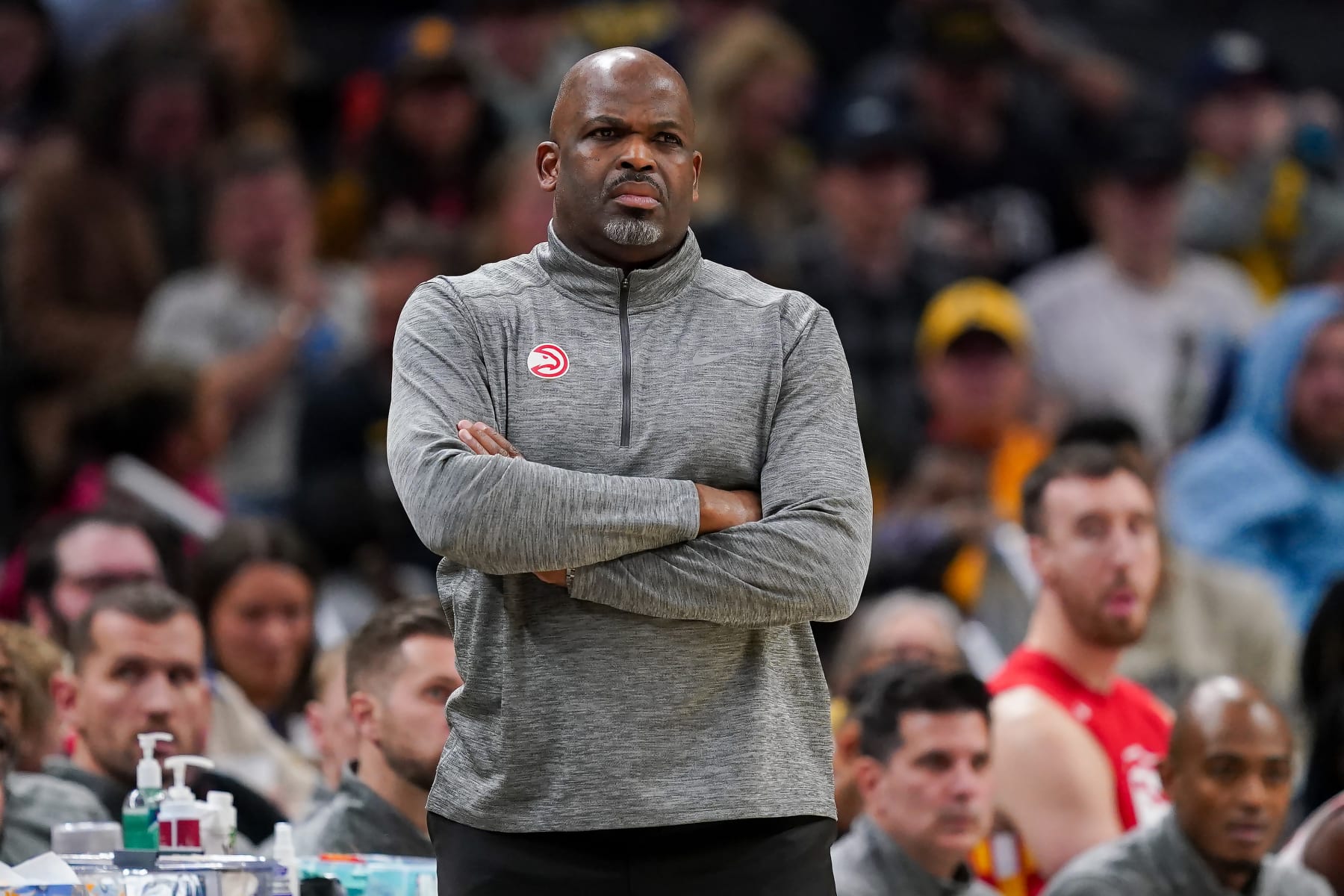 INDIANAPOLIS, INDIANA - DECEMBER 27: Head coach Nate McMillan of the Atlanta Hawks looks on in the fourth quarter against the Indiana Pacers at Gainbridge Fieldhouse on December 27, 2022 in Indianapolis, Indiana. NOTE TO USER: User expressly acknowledges and agrees that, by downloading and or using this photograph, User is consenting to the terms and conditions of the Getty Images License Agreement. (Photo by Dylan Buell/Getty Images)