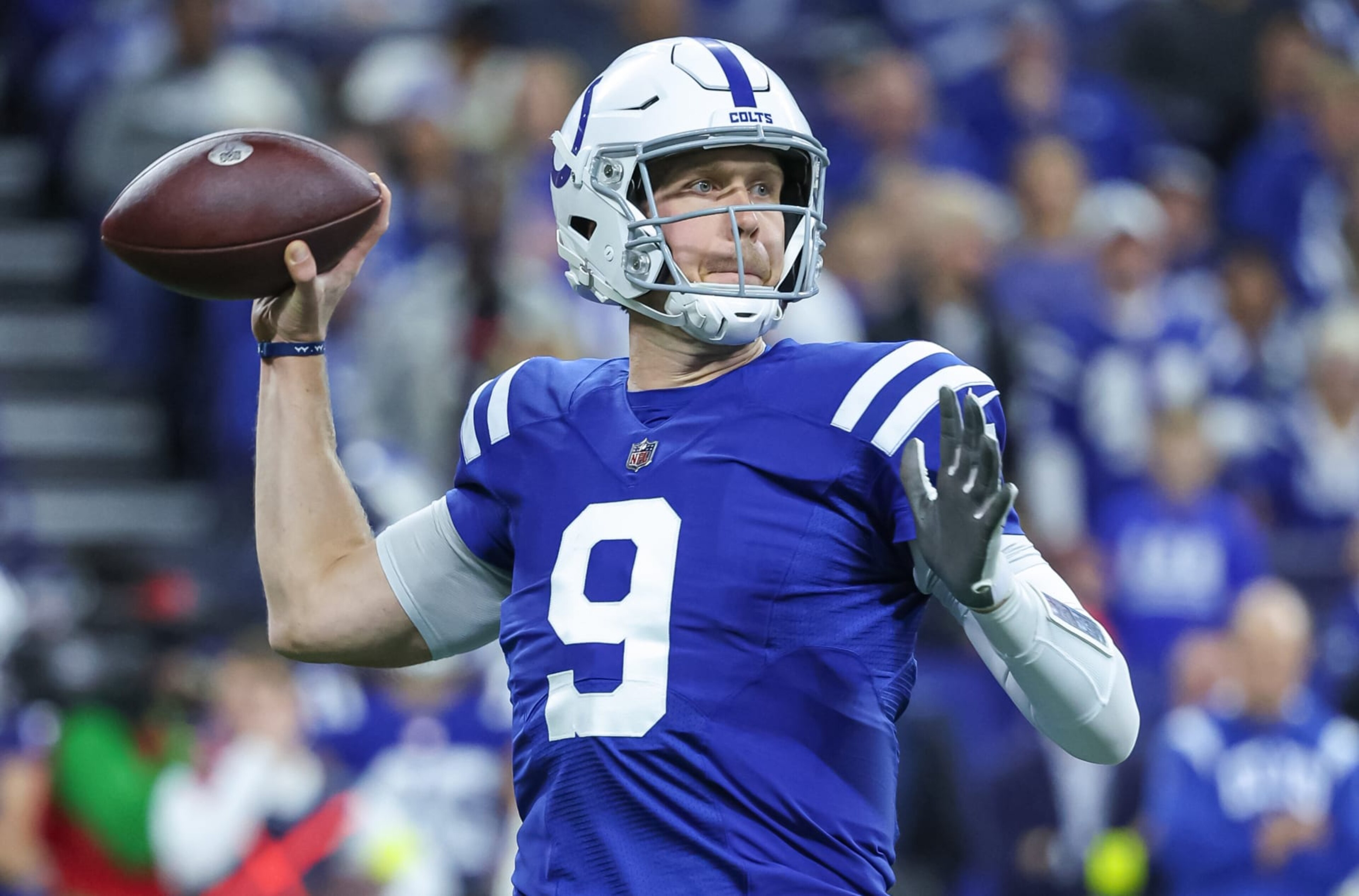 INDIANAPOLIS, IN - DECEMBER 26: Nick Foles #9 of the Indianapolis Colts is seen during the game against the Los Angeles Chargers at Lucas Oil Stadium on December 26, 2022 in Indianapolis, Indiana. (Photo by Michael Hickey/Getty Images)