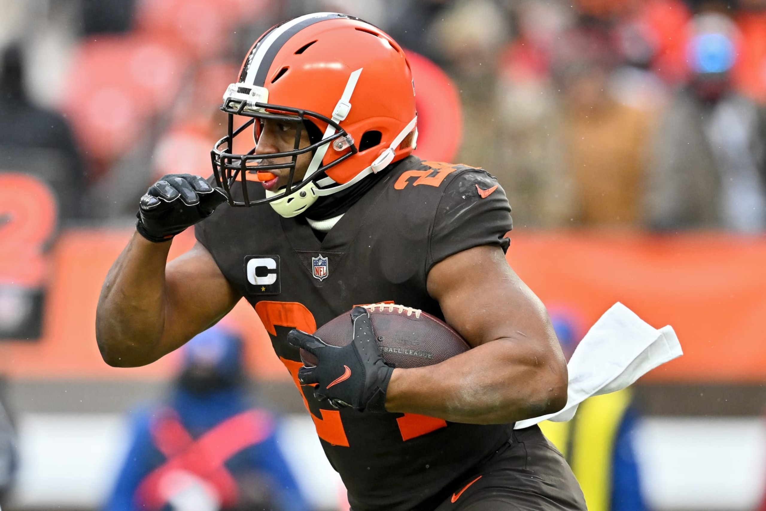 CLEVELAND, OHIO - DECEMBER 24: Nick Chubb #24 of the Cleveland Browns runs the ball during the fourth quarter in the game against the New Orleans Saints at FirstEnergy Stadium on December 24, 2022 in Cleveland, Ohio. (Photo by Jason Miller/Getty Images)