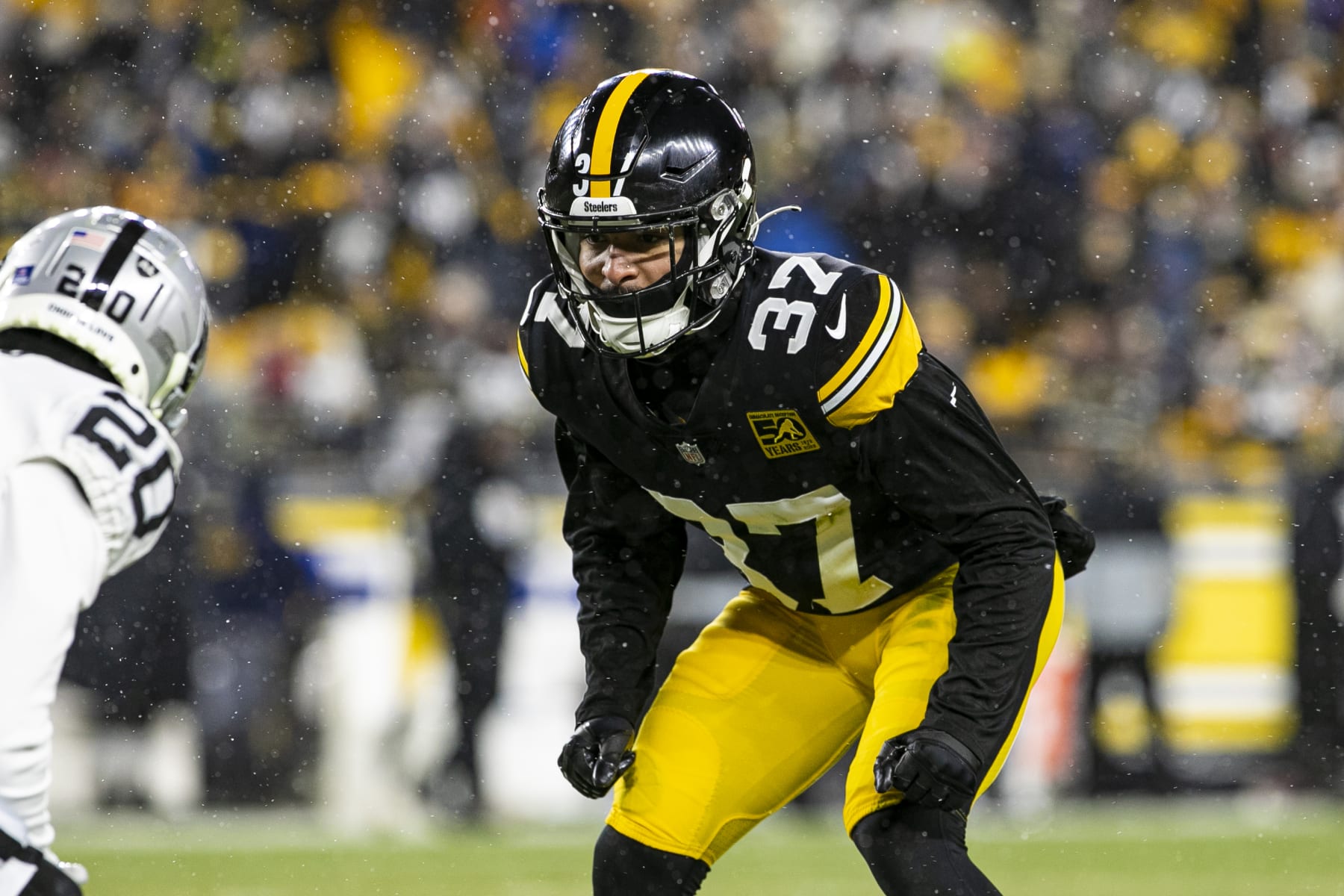 PITTSBURGH, PA - DECEMBER 24: Pittsburgh Steelers safety Elijah Riley (37) looks on during the national football league game between the Las Vegas Raiders and the Pittsburgh Steelers on December 24, 2022 at Acrisure Stadium in Pittsburgh, PA. (Photo by Mark Alberti/Icon Sportswire via Getty Images)