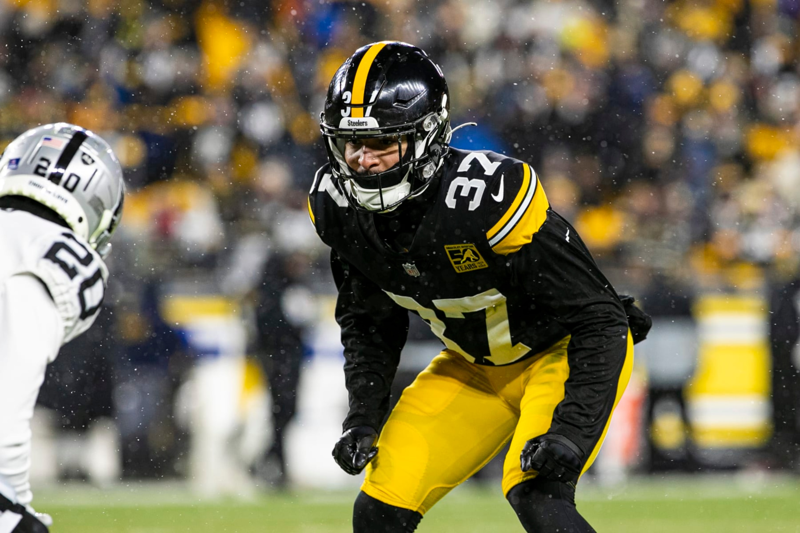 PITTSBURGH, PA - DECEMBER 24: Pittsburgh Steelers safety Elijah Riley (37) looks on during the national football league game between the Las Vegas Raiders and the Pittsburgh Steelers on December 24, 2022 at Acrisure Stadium in Pittsburgh, PA. (Photo by Mark Alberti/Icon Sportswire via Getty Images)