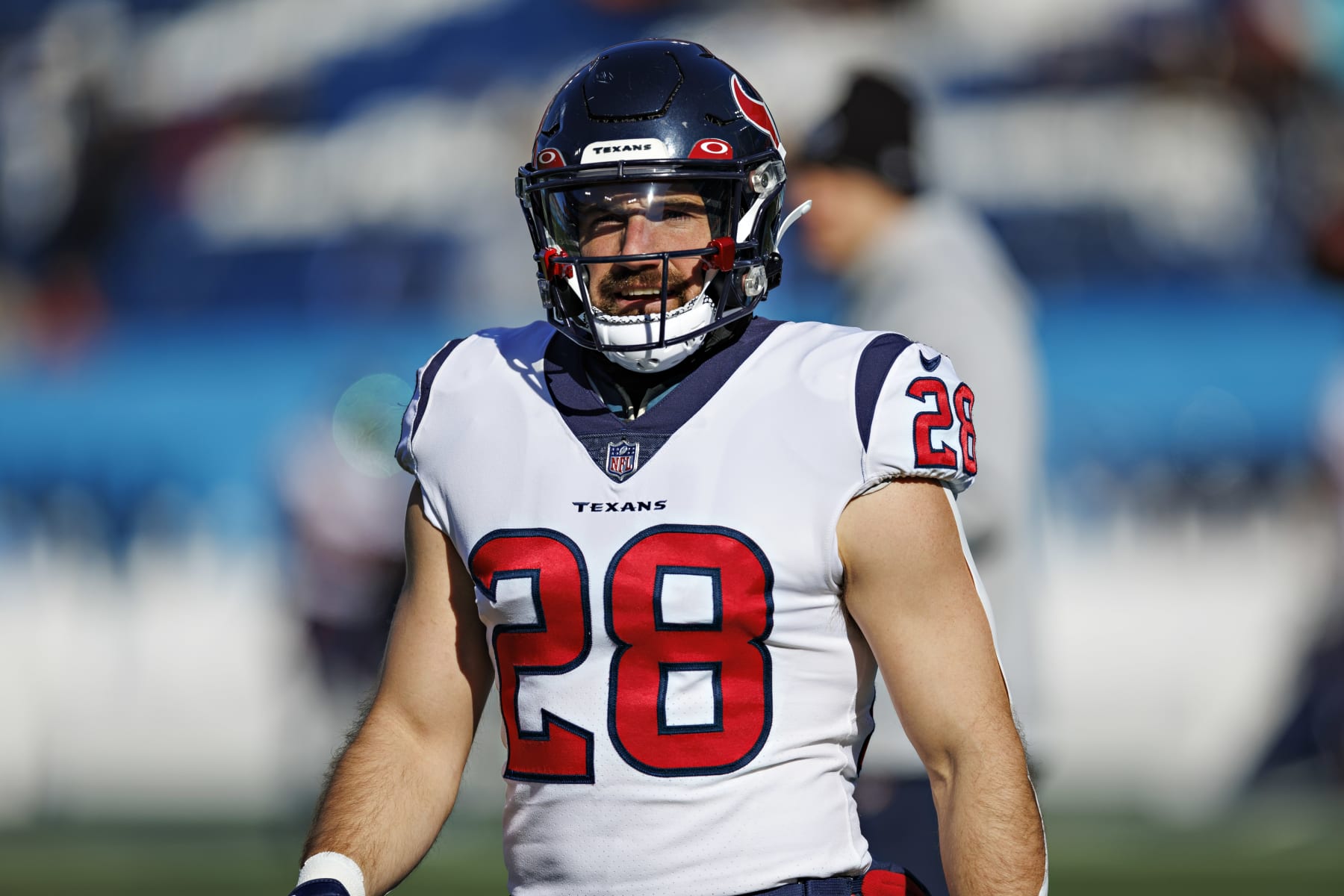 NASHVILLE, TENNESSEE - DECEMBER 24:  Rex Burkhead #28 of the Houston Texans warms up before a game against the Tennessee Titans at Nissan Stadium on December 24, 2022 in Nashville, Tennessee. The Texans defeated the Titans 19-14. (Photo by Wesley Hitt/Getty Images)