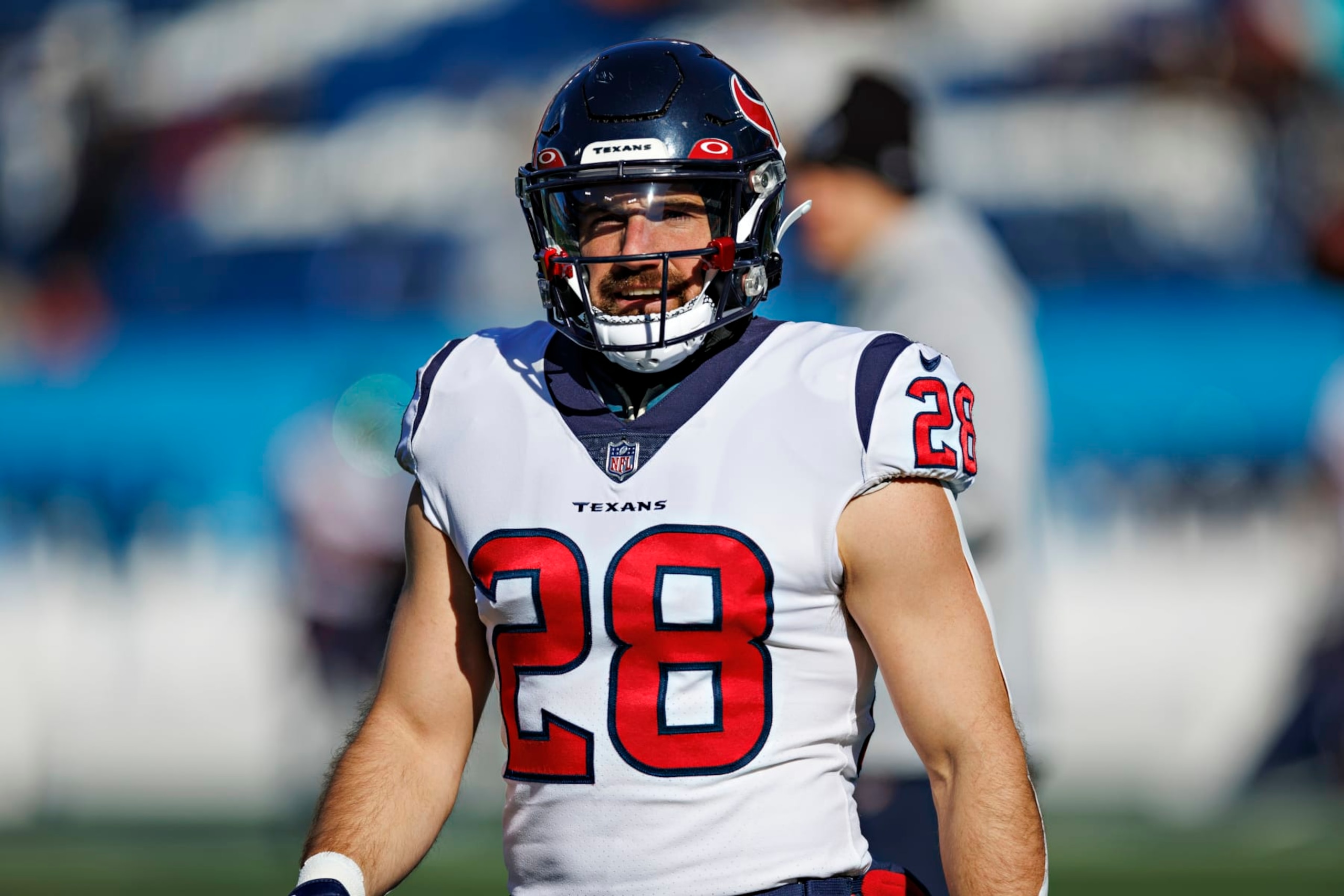 NASHVILLE, TENNESSEE - DECEMBER 24:  Rex Burkhead #28 of the Houston Texans warms up before a game against the Tennessee Titans at Nissan Stadium on December 24, 2022 in Nashville, Tennessee. The Texans defeated the Titans 19-14. (Photo by Wesley Hitt/Getty Images)