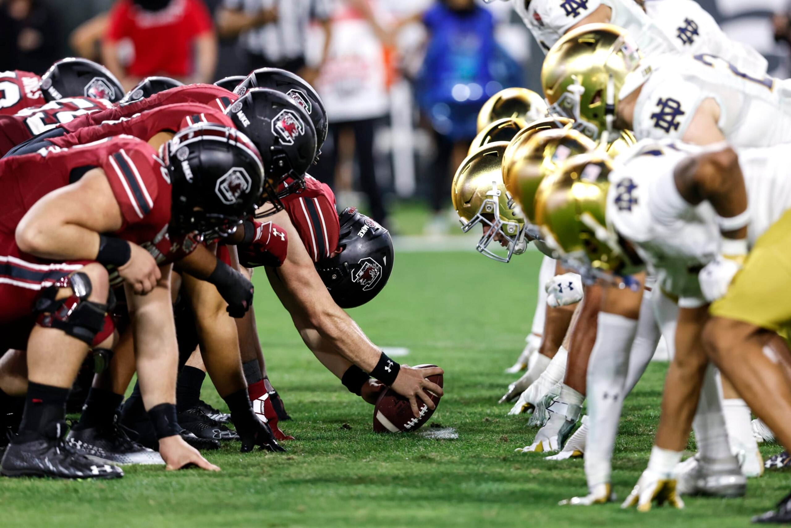 JACKSONVILLE, FL - DECEMBER 30: A general view of the South Carolina Gamecocks lining up against the Notre Dame Fighting Irish at the line of scrimmage at the 78th annual TaxSlayer Gator Bowl at TIAA Bank Field on January 2, 2021 in Jacksonvile, Florida. The Fighting Irish defeated The Gamecocks 45 to 38. (Photo by Don Juan Moore/Getty Images)