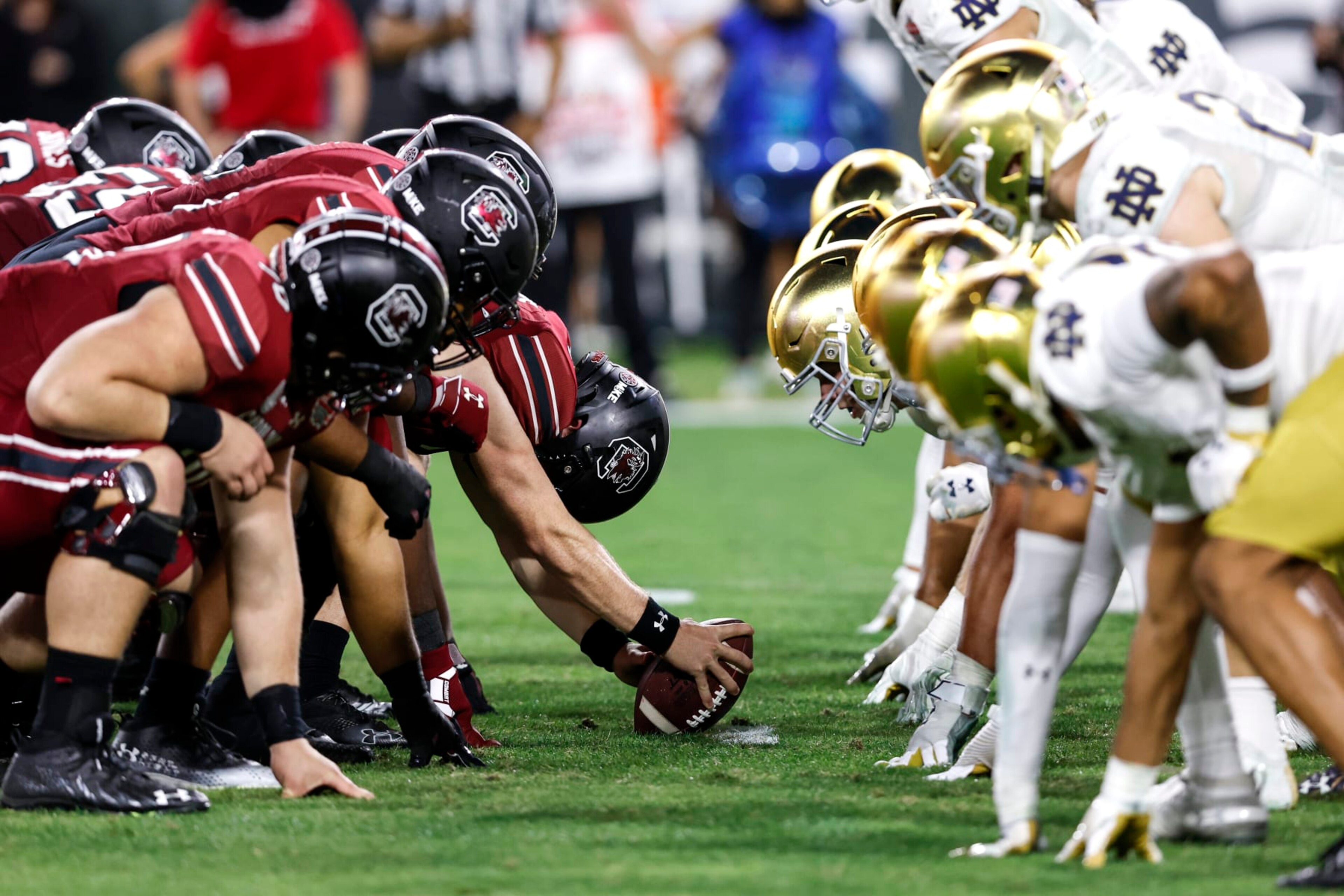 JACKSONVILLE, FL - DECEMBER 30: A general view of the South Carolina Gamecocks lining up against the Notre Dame Fighting Irish at the line of scrimmage at the 78th annual TaxSlayer Gator Bowl at TIAA Bank Field on January 2, 2021 in Jacksonvile, Florida. The Fighting Irish defeated The Gamecocks 45 to 38. (Photo by Don Juan Moore/Getty Images)