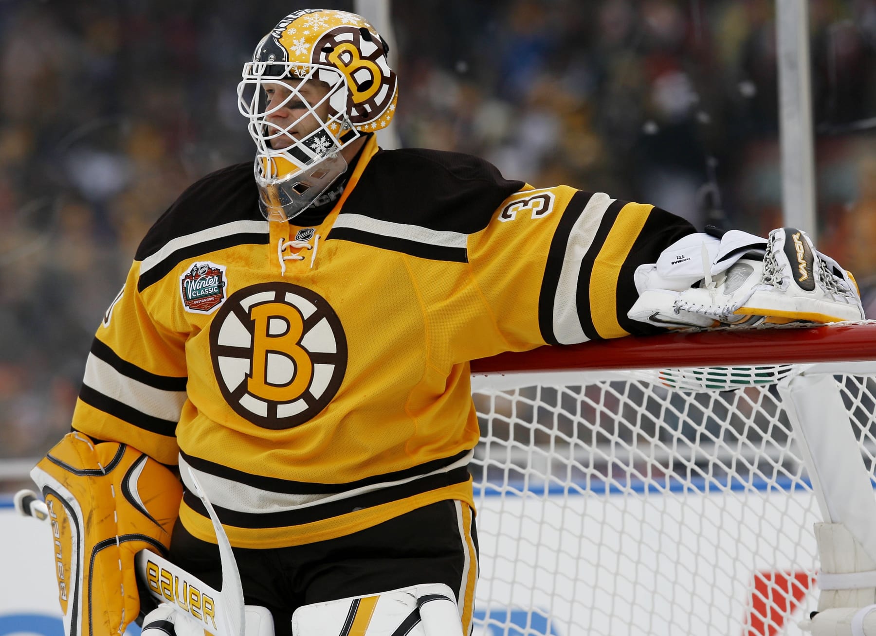 BOSTON - JANUARY 01:  Tim Thomas #30 of the Boston Bruins looks on from the net before the game against the Philadelphia Flyers during the 2010 Bridgestone Winter Classic at Fenway Park on January 1, 2010 in Boston, Massachusetts. The Boston Bruins defeated the Philadelphia Flyers 2-1 in overtime.  (Photo by Elsa/Getty Images)