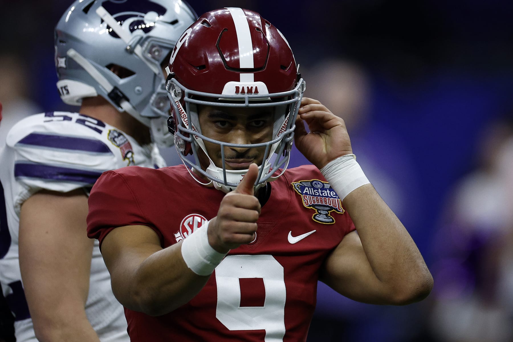 NEW ORLEANS, LOUISIANA - DECEMBER 31: Bryce Young #9 of the Alabama Crimson Tide reacts after throwing for a touchdown against the Kansas State Wildcats during the Allstate Sugar Bowl at Caesars Superdome on December 31, 2022 in New Orleans, Louisiana. (Photo by Chris Graythen/Getty Images)