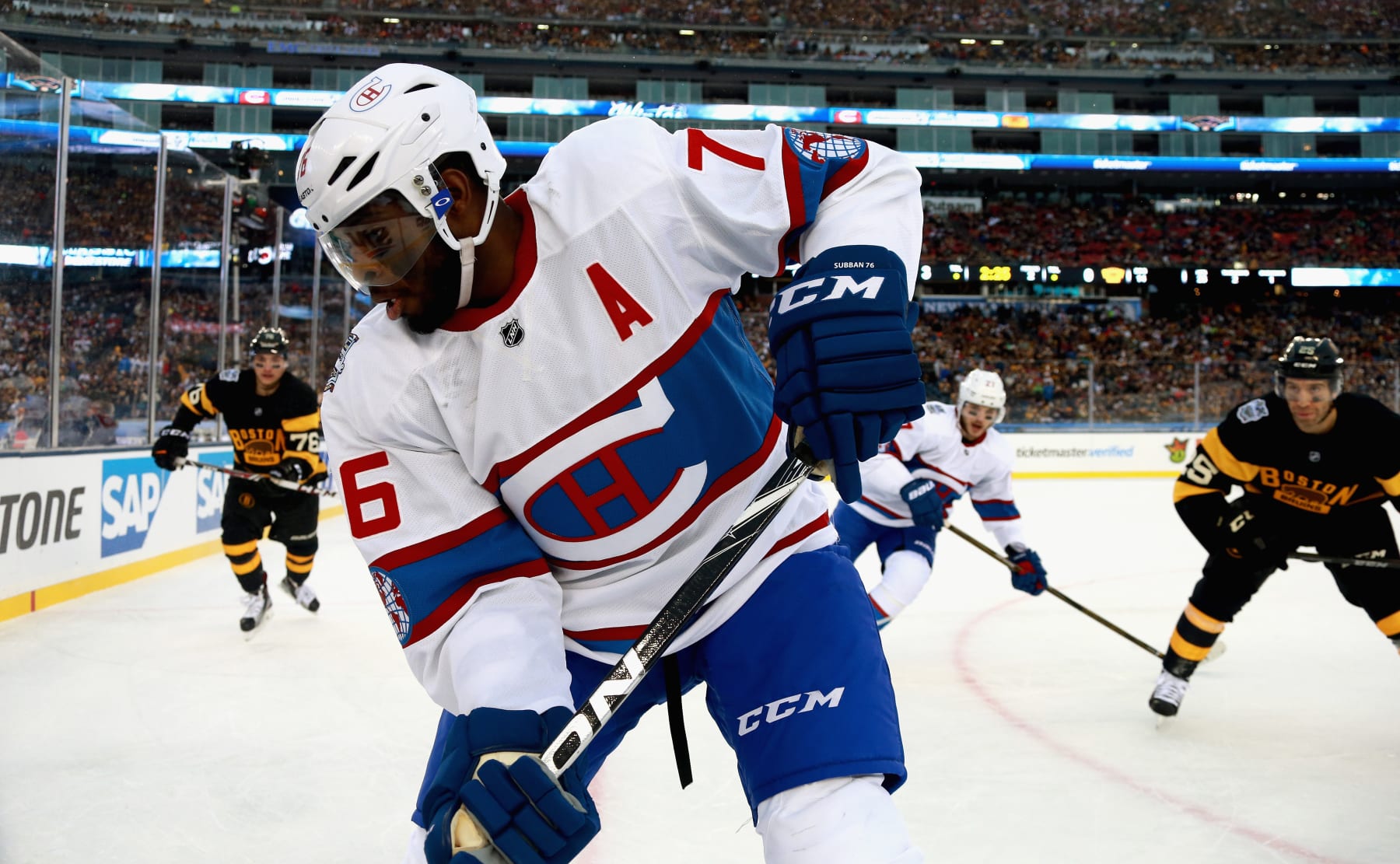 FOXBORO, MA - JANUARY 01:  P.K. Subban #76 of the Montreal Canadiens plays against the Boston Bruins in the 2016 Bridgestone NHL Classic at Gillette Stadium on January 1, 2016 in Foxboro, Massachusetts.  (Photo by Dave Sandford/NHLI via Getty Images)