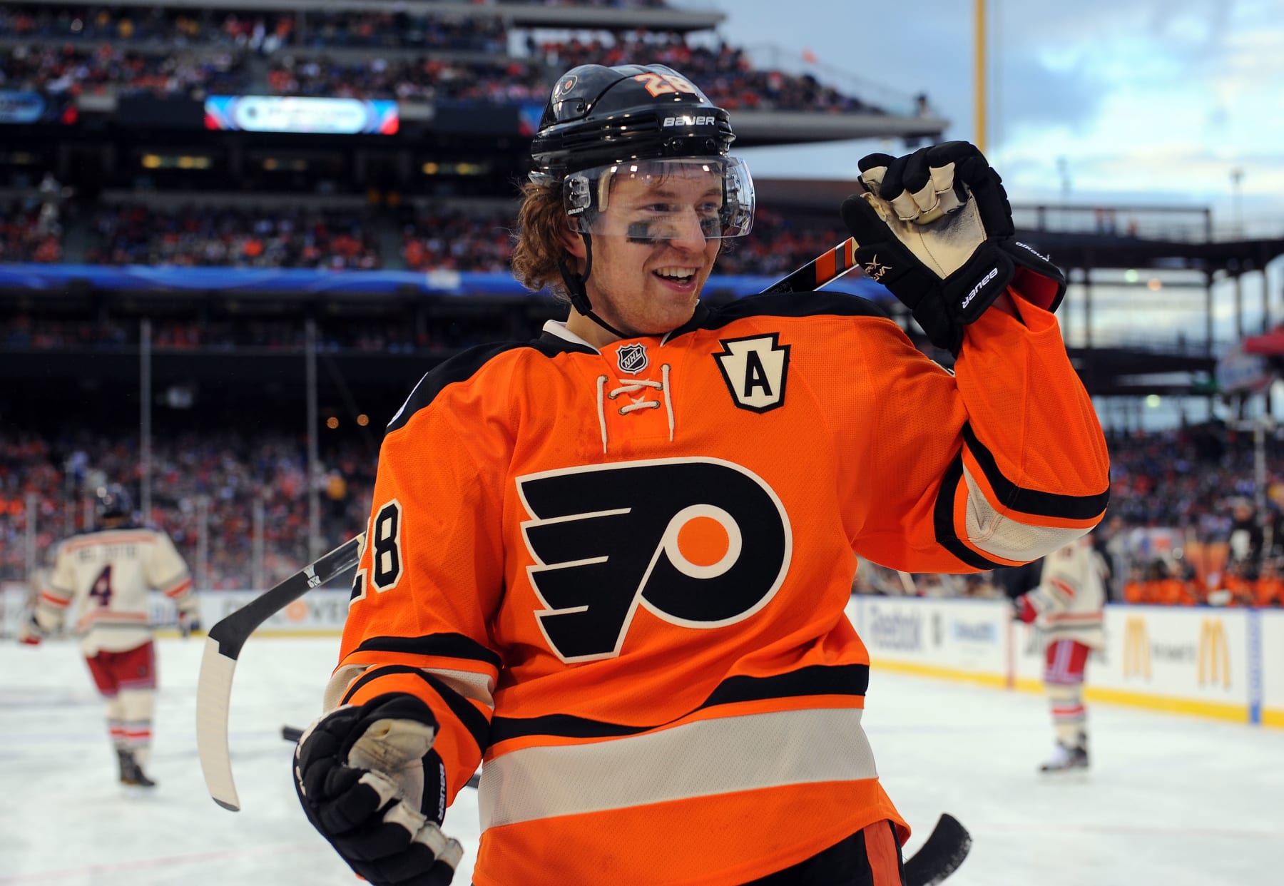 PHILADELPHIA, PA - JANUARY 02:  Claude Giroux #28 of the Philadelphia Flyers in action against the New York Rangers during the 2012 Bridgestone NHL Winter Classic at Citizens Bank Park on January 2, 2012 in Philadelphia, Pennsylvania.  (Photo by Brian Babineau/NHLI via Getty Images) 