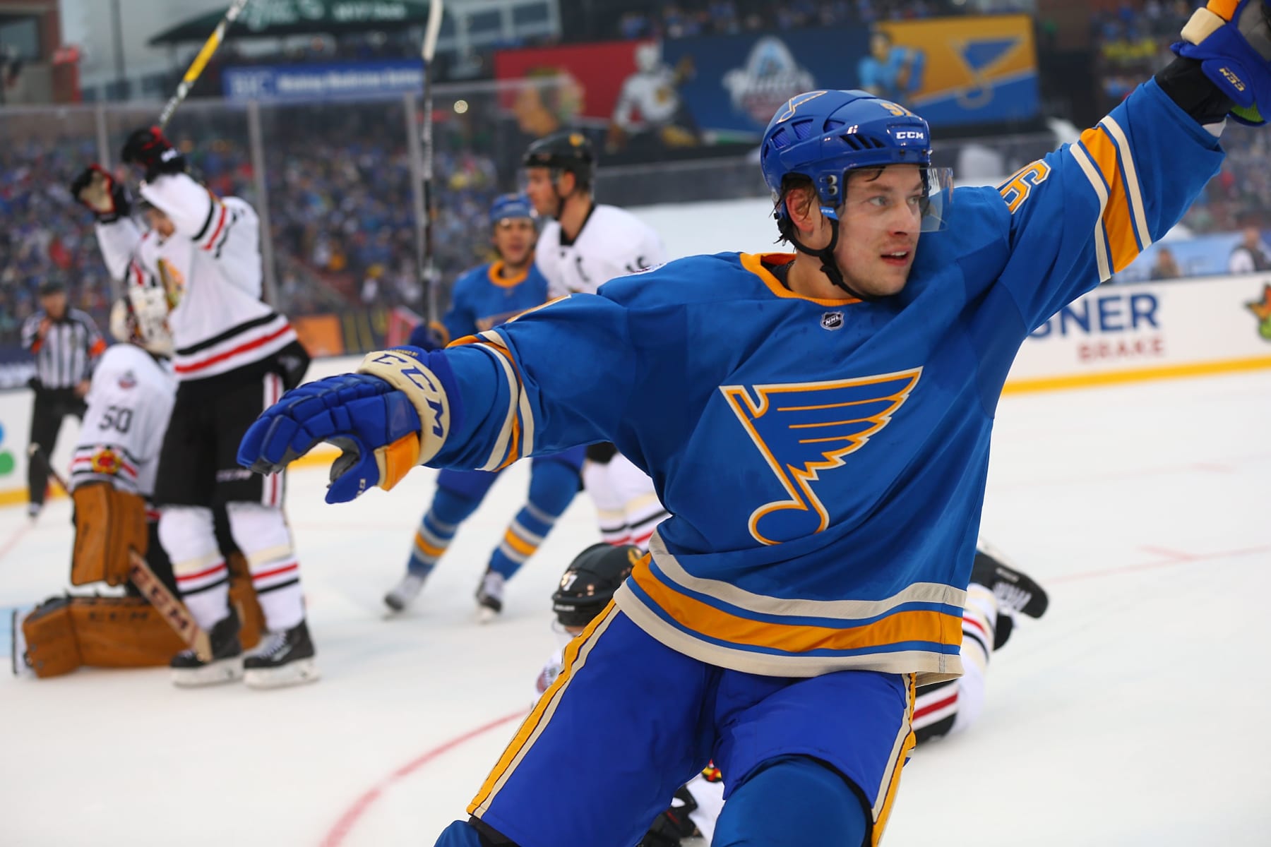 ST. LOUIS, MO - JANUARY 2: Vladimir Tarasenko #91 of the St. Louis Blues celebrates after scoring a goal against the Chicago Blackhawks during the 2017 Bridgestone NHL Winter Classic at Busch Stadium on January 2, 2017 in St. Louis, Missouri.  (Photo by Dilip Vishwanat/Getty Images)