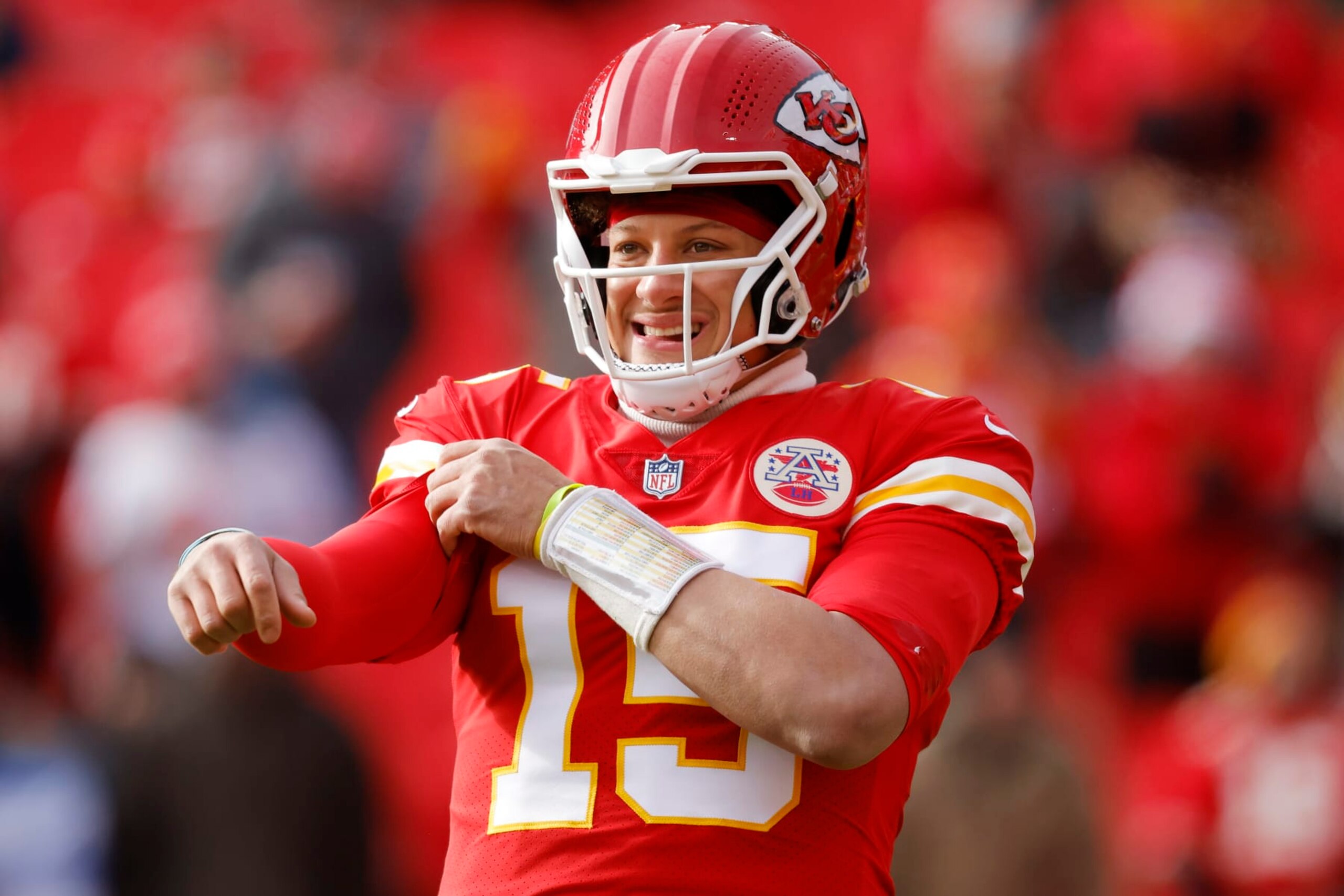 KANSAS CITY, MISSOURI - DECEMBER 24: Patrick Mahomes #15 of the Kansas City Chiefs looks on during pregame against the Seattle Seahawks at Arrowhead Stadium on December 24, 2022 in Kansas City, Missouri. (Photo by David Eulitt/Getty Images)