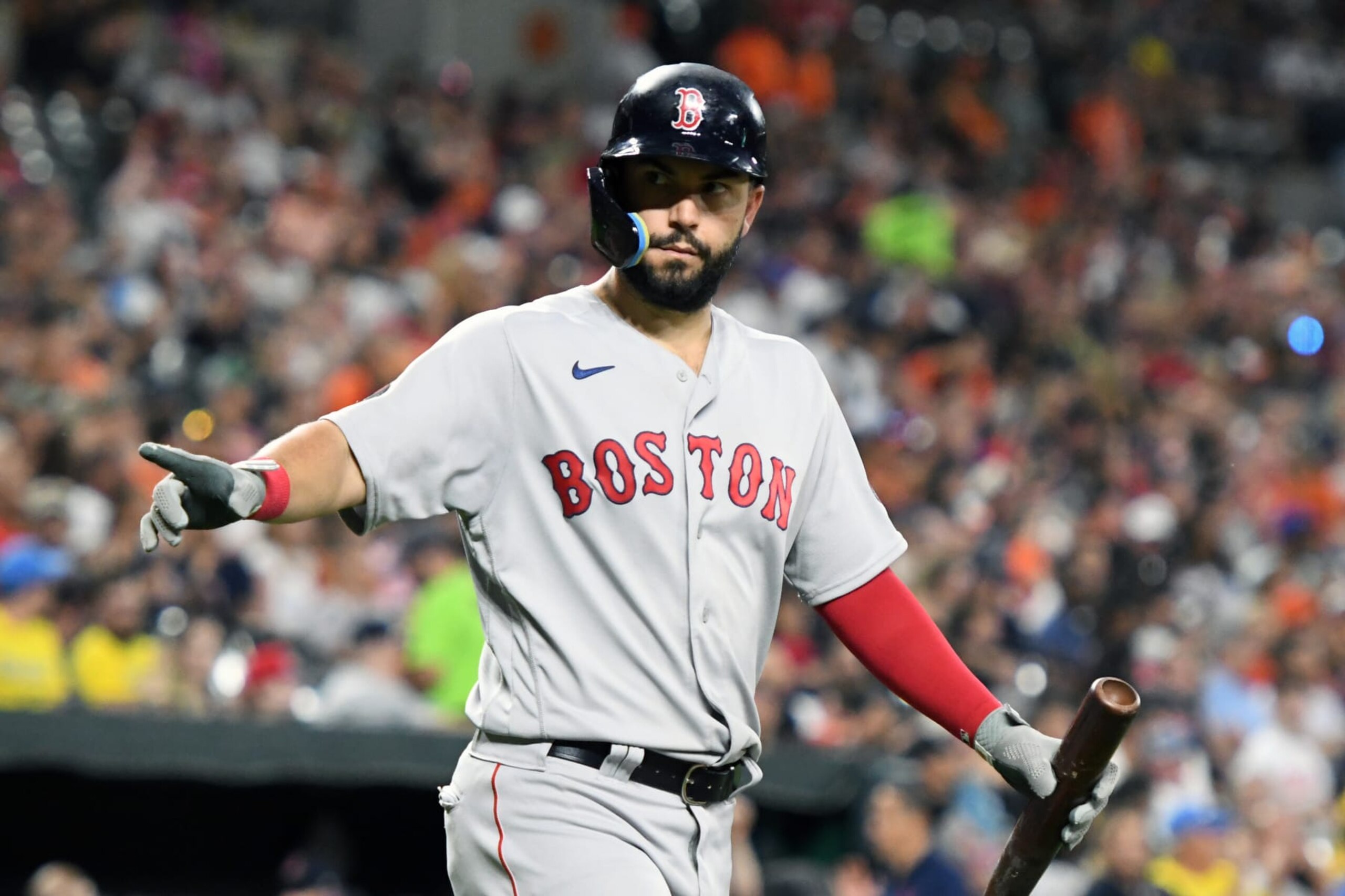 BALTIMORE, MD - AUGUST 19:  Eric Hosmer #35 of the Boston Red Sox looks on during a baseball game against the Baltimore Orioles at Oriole Park at Camden Yards on August 19, 2022 in Baltimore, Maryland.  (Photo by Mitchell Layton/Getty Images)
