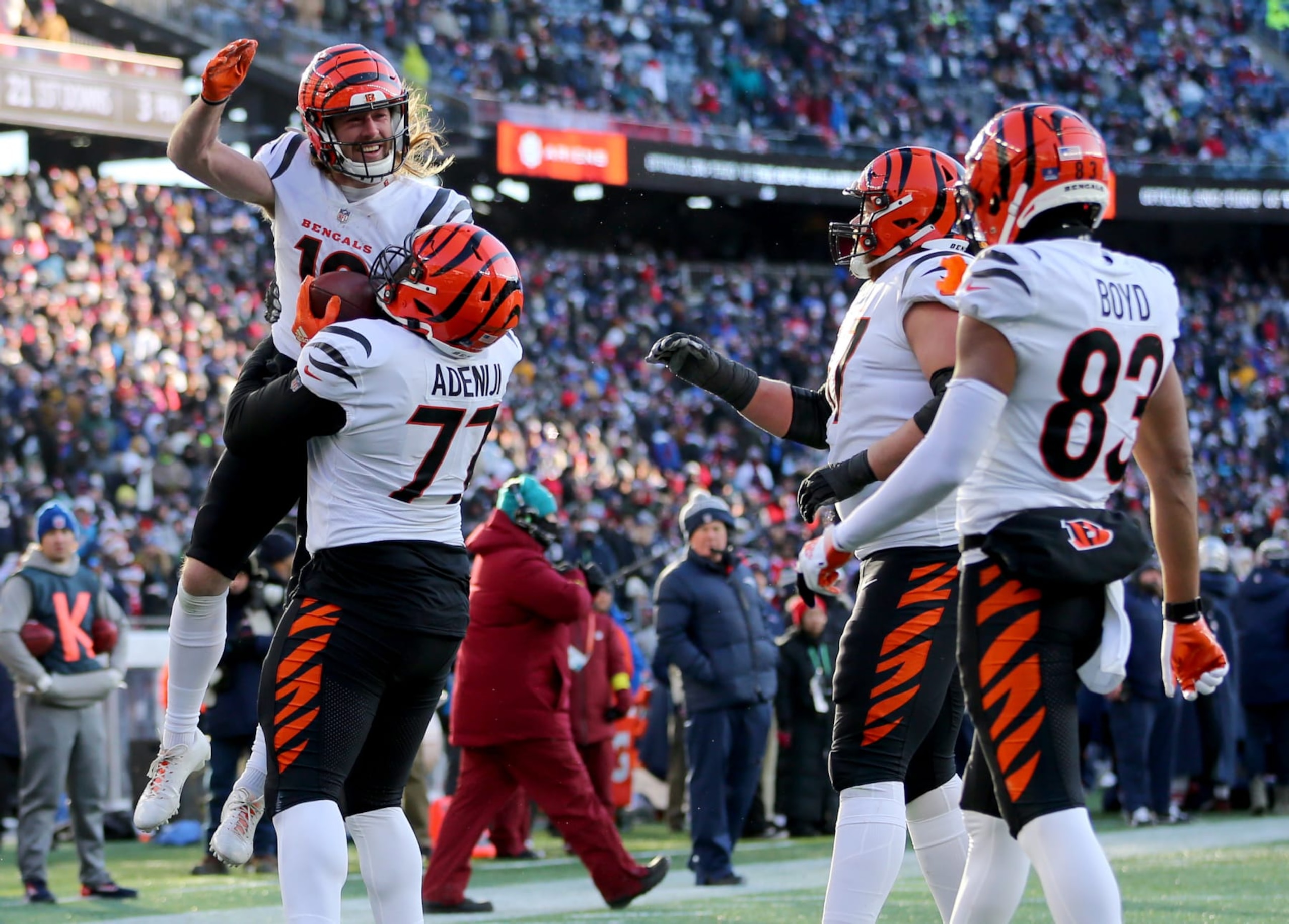 Foxborough, MA - December 24: Cincinnati Bengals WR Trenton Irwin, back left, celebrates scoring a second quarter touchdown. The Bengals beat the New England Patriots, 22-18. (Photo by John Tlumacki/The Boston Globe via Getty Images) Foxborough, MA - December 24: Cincinnati Bengals WR Trenton Irwin, back left, celebrates scoring a second quarter touchdown. The Bengals beat the New England Patriots, 22-18. (Photo by John Tlumacki/The Boston Globe via Getty Images)