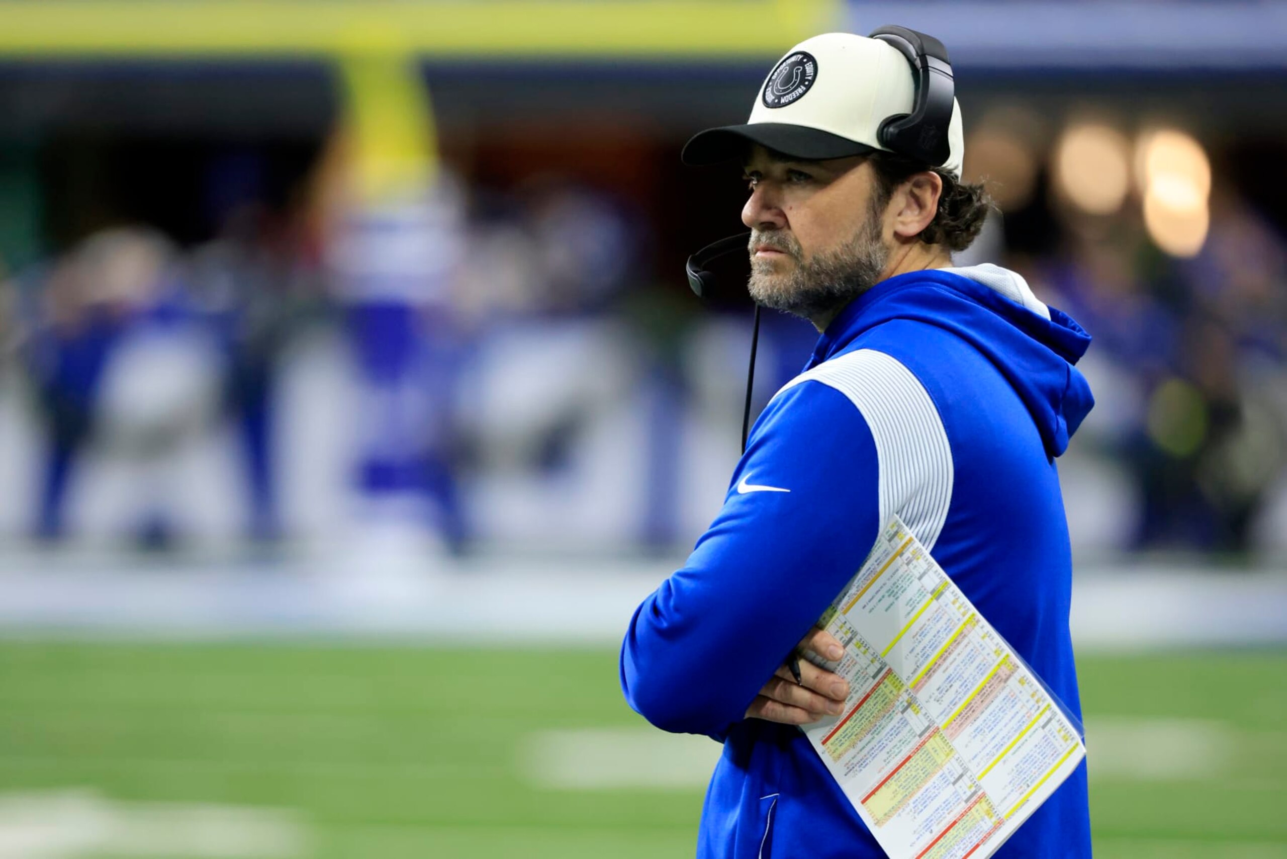 INDIANAPOLIS, INDIANA - DECEMBER 26: Head coach Jeff Saturday of the Indianapolis Colts  looks during the game against the Los Angeles Chargersat Lucas Oil Stadium on December 26, 2022 in Indianapolis, Indiana. (Photo by Justin Casterline/Getty Images)
