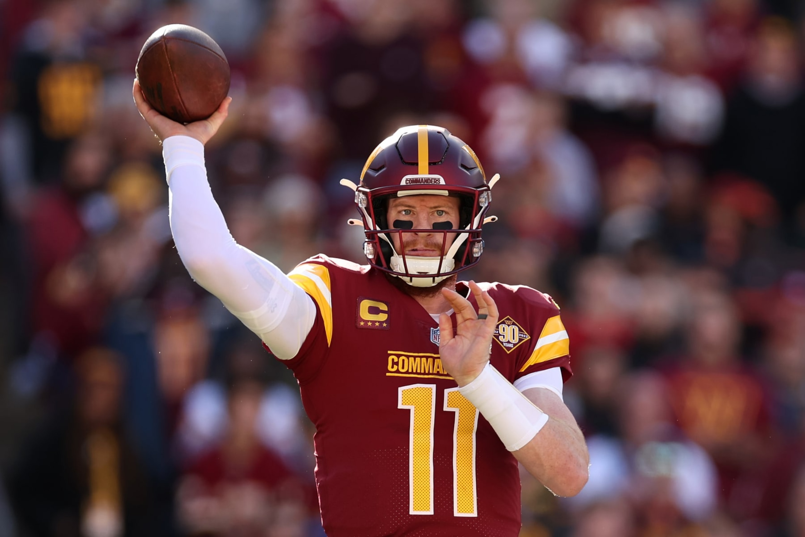 LANDOVER, MARYLAND - JANUARY 01: Carson Wentz #11 of the Washington Commanders throws a pass during the first quarter against the Cleveland Browns at FedExField on January 01, 2023 in Landover, Maryland. (Photo by Scott Taetsch/Getty Images) LANDOVER, MARYLAND - JANUARY 01: Carson Wentz #11 of the Washington Commanders throws a pass during the first quarter against the Cleveland Browns at FedExField on January 01, 2023 in Landover, Maryland. (Photo by Scott Taetsch/Getty Images)