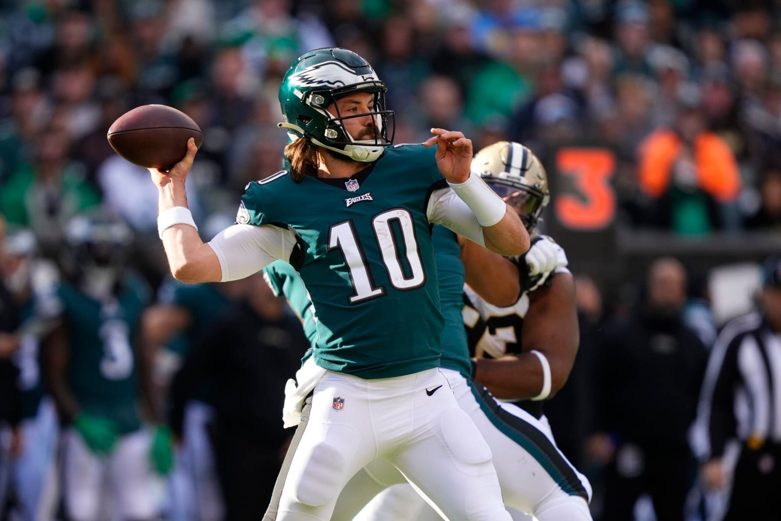 Philadelphia Eagles quarterback Gardner Minshew (10) passes in the first half of an NFL football game against the New Orleans Saints in Philadelphia, Sunday, Jan. 1, 2023. (AP Photo/Matt Rourke)