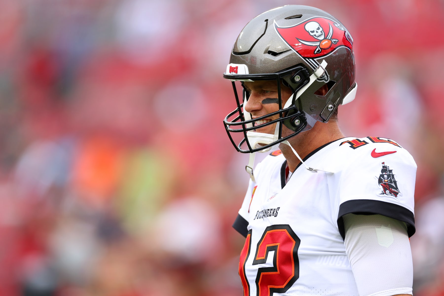 TAMPA, FLORIDA - JANUARY 01: Tom Brady #12 of the Tampa Bay Buccaneers warms up before playing against the Carolina Panthers at Raymond James Stadium on January 01, 2023 in Tampa, Florida. (Photo by Mike Ehrmann/Getty Images)