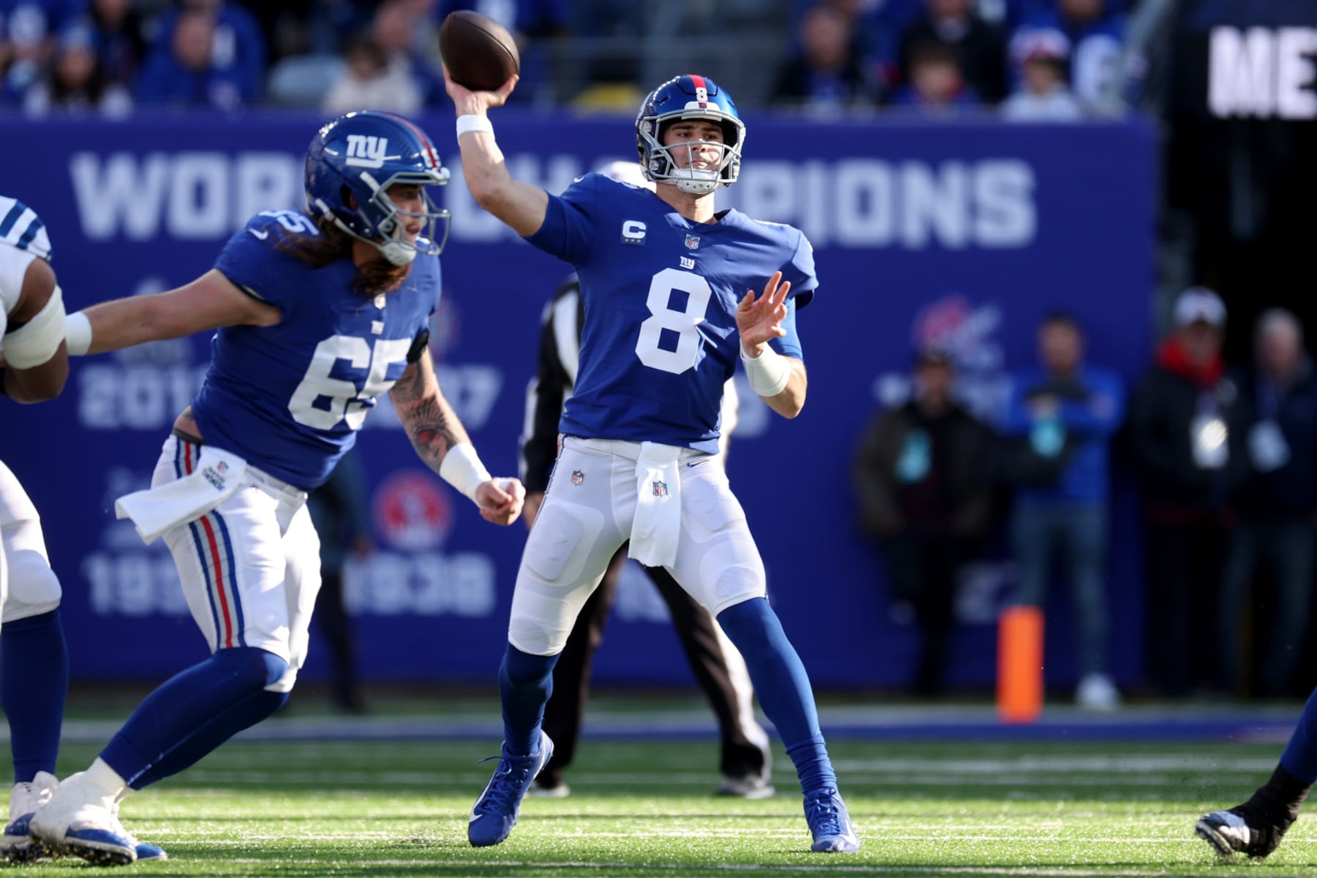 EAST RUTHERFORD, NEW JERSEY - JANUARY 01: Daniel Jones #8 of the New York Giants passes against the Indianapolis Colts during the first quarter at MetLife Stadium on January 01, 2023 in East Rutherford, New Jersey. (Photo by Jamie Squire/Getty Images)