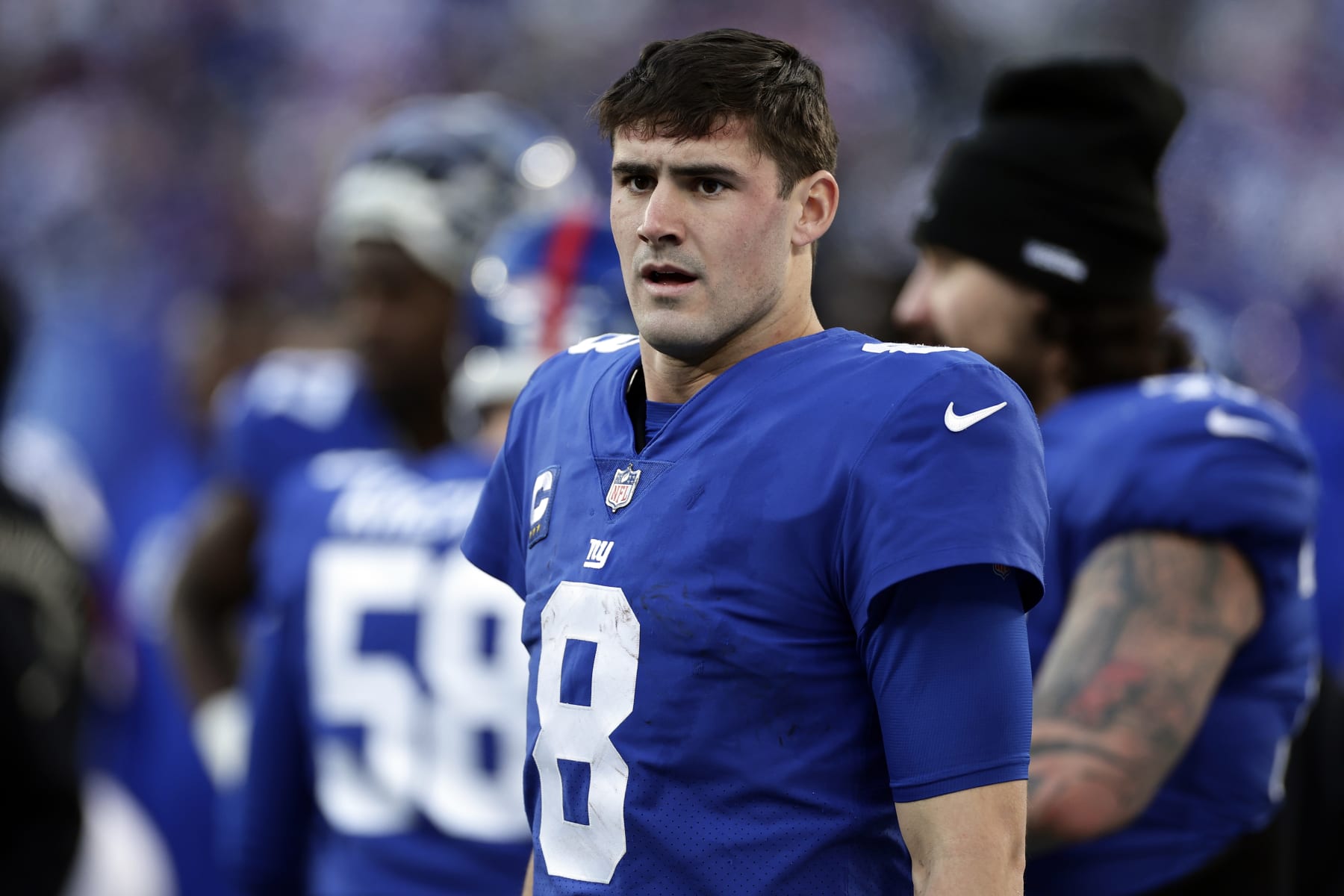New York Giants quarterback Daniel Jones (8) reacts against the Indianapolis Colts during an NFL football game Sunday, Jan. 1, 2023, in East Rutherford, N.J. (AP Photo/Adam Hunger)