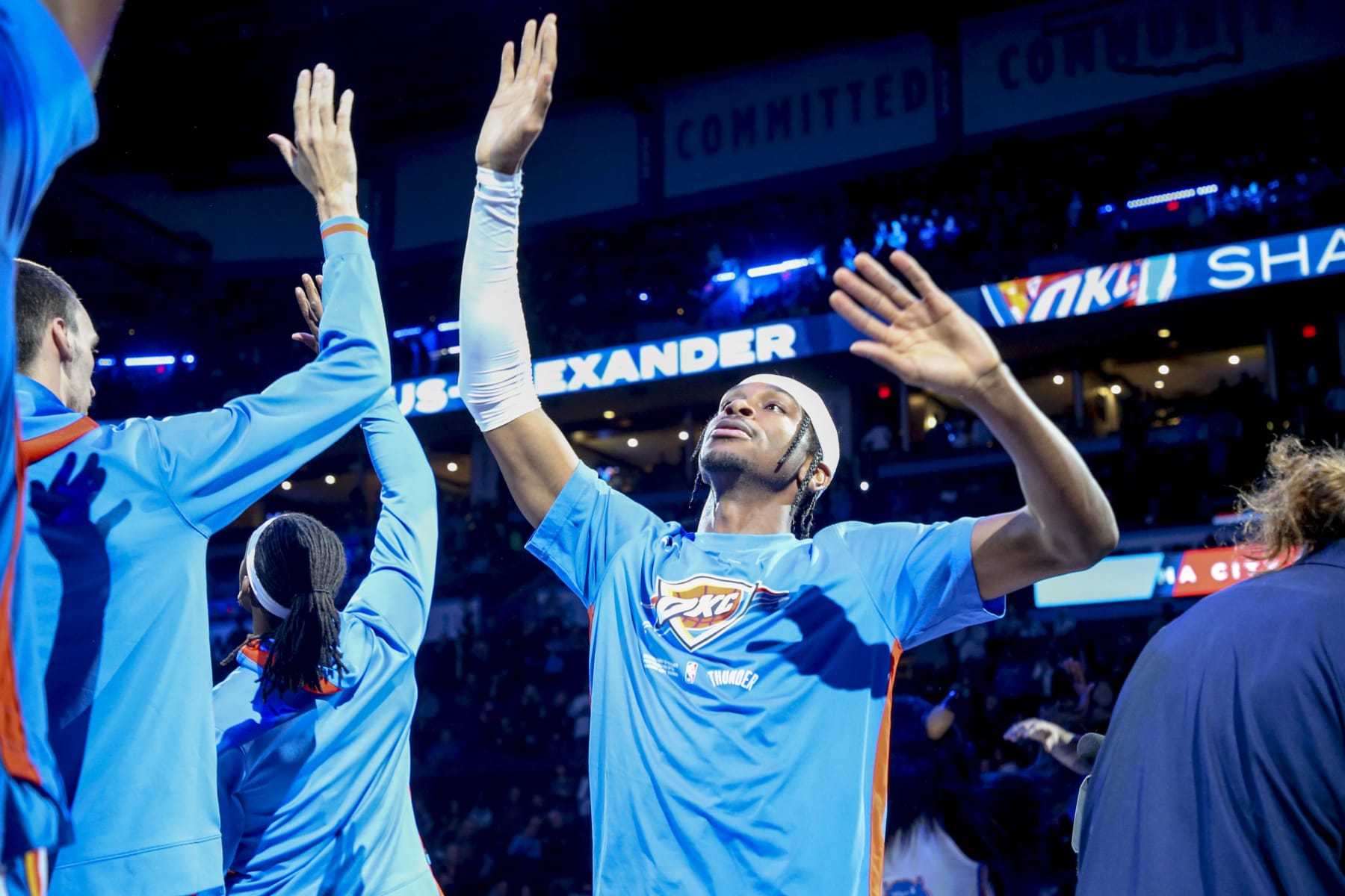 OKLAHOMA CITY, OKLAHOMA - DECEMBER 19: Shai Gilgeous-Alexander #2 of the Oklahoma City Thunder high fives teammates during pregame against the Portland Trail Blazers at Paycom Center on December 19, 2022 in Oklahoma City, Oklahoma. NOTE TO USER: User expressly acknowledges and agrees that, by downloading and or using this photograph, User is consenting to the terms and conditions of the Getty Images License Agreement.  (Photo by Ian Maule/Getty Images)
