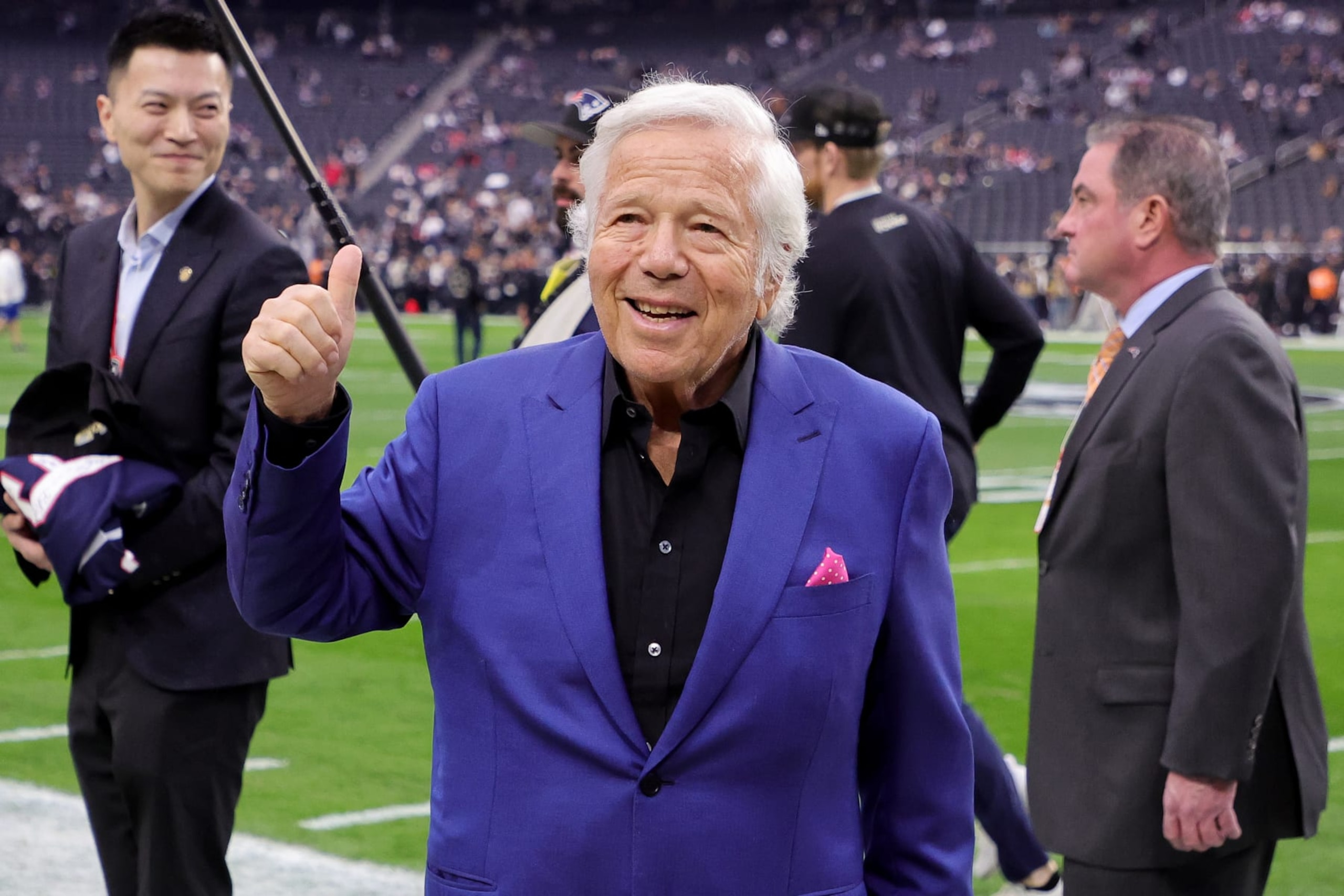 LAS VEGAS, NEVADA - DECEMBER 18: Owner Robert Kraft of the New England Patriots gives a thumbs-up before a game against the Las Vegas Raiders at Allegiant Stadium on December 18, 2022 in Las Vegas, Nevada. (Photo by Ethan Miller/Getty Images)