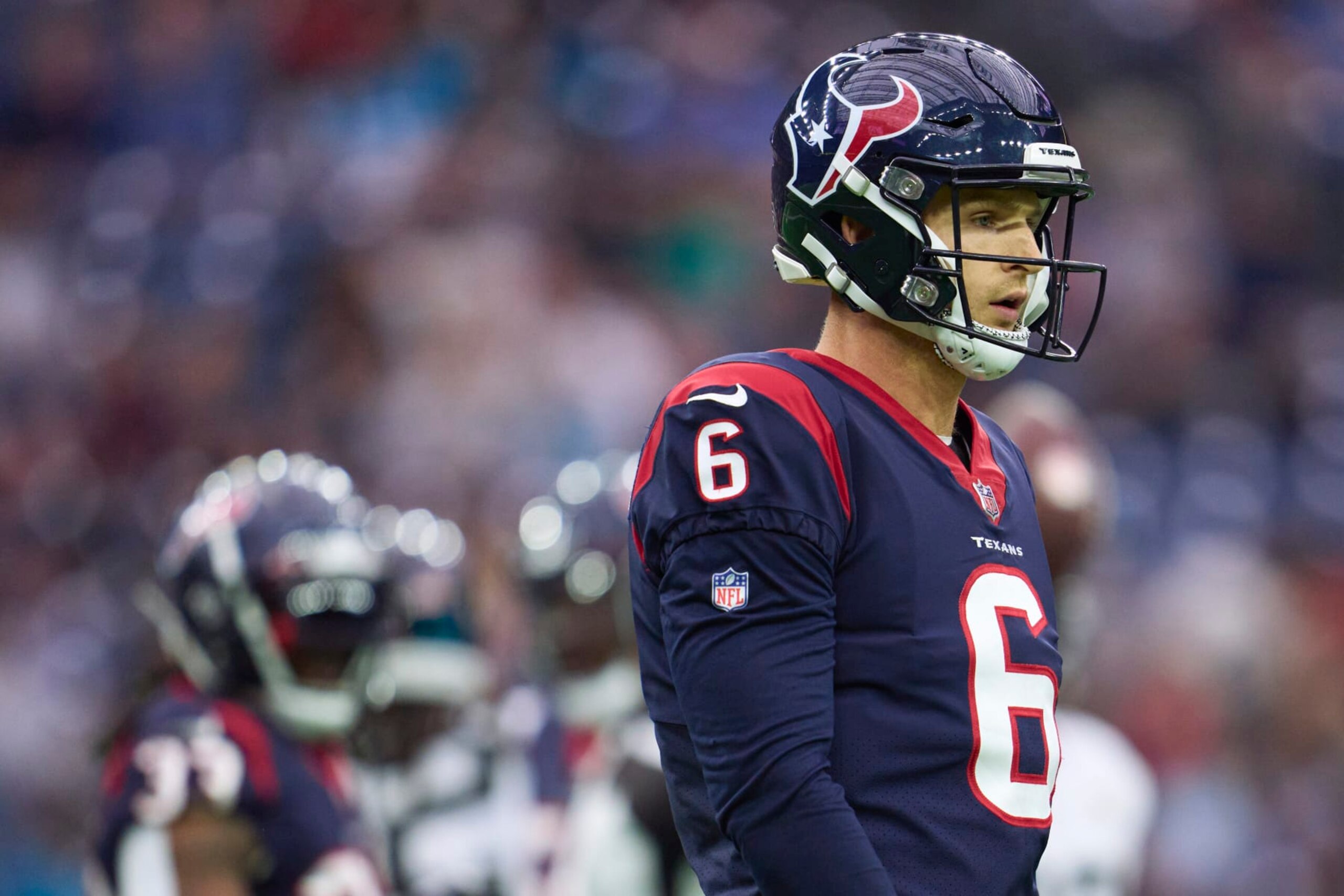HOUSTON, TX - JANUARY 01: Jeff Driskel #6 of the Houston Texans looks towards the sideline against the Jacksonville Jaguars during the first half at NRG Stadium on January 1, 2023 in Houston, Texas. (Photo by Cooper Neill/Getty Images)