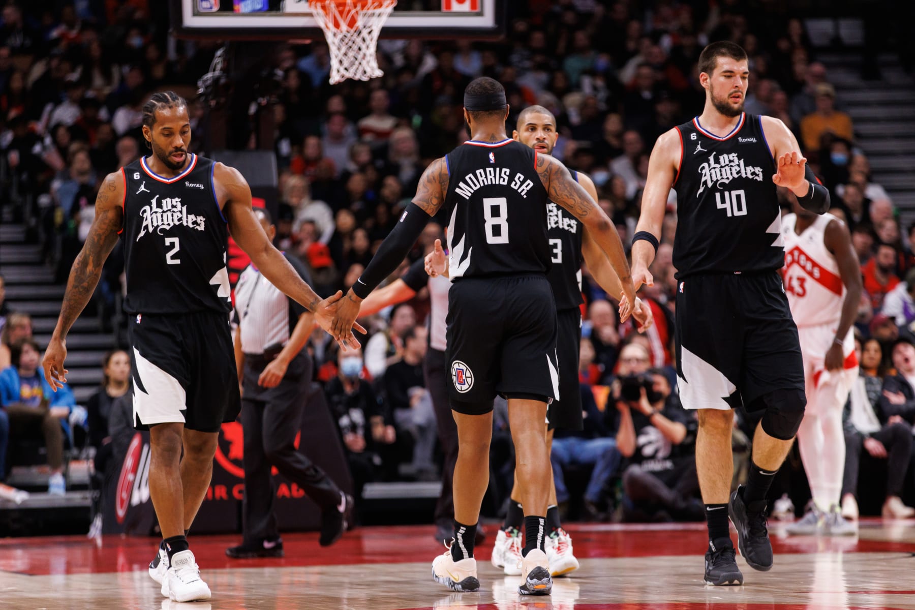 Kawhi Leonard, Marcus Morris Sr., Nicolas Batum and Ivica Zubac