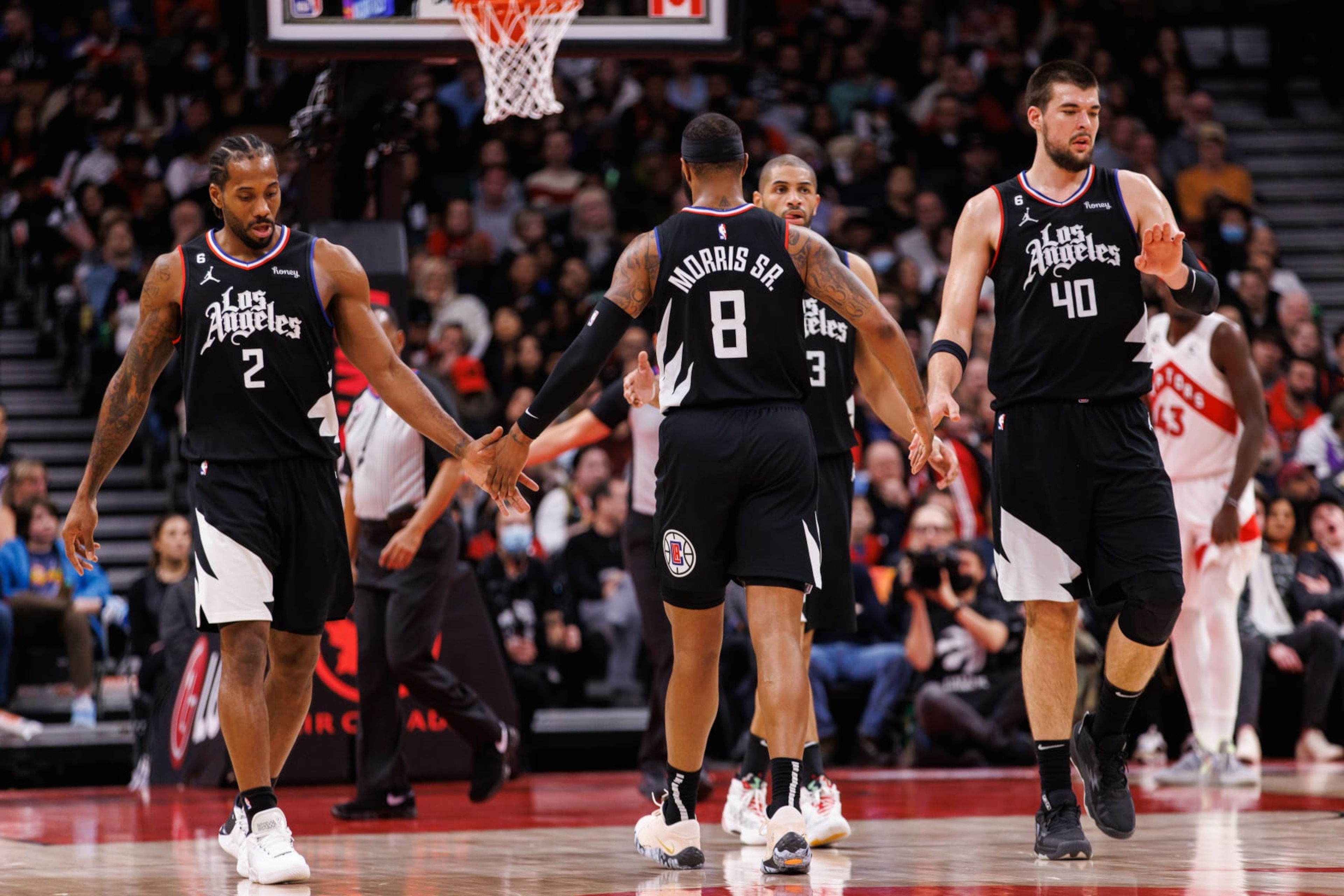 Kawhi Leonard, Marcus Morris Sr., Nicolas Batum and Ivica Zubac