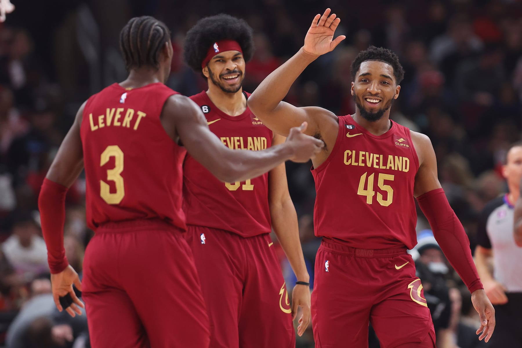 Caris LeVert, Jarrett Allen and Donovan Mitchell
