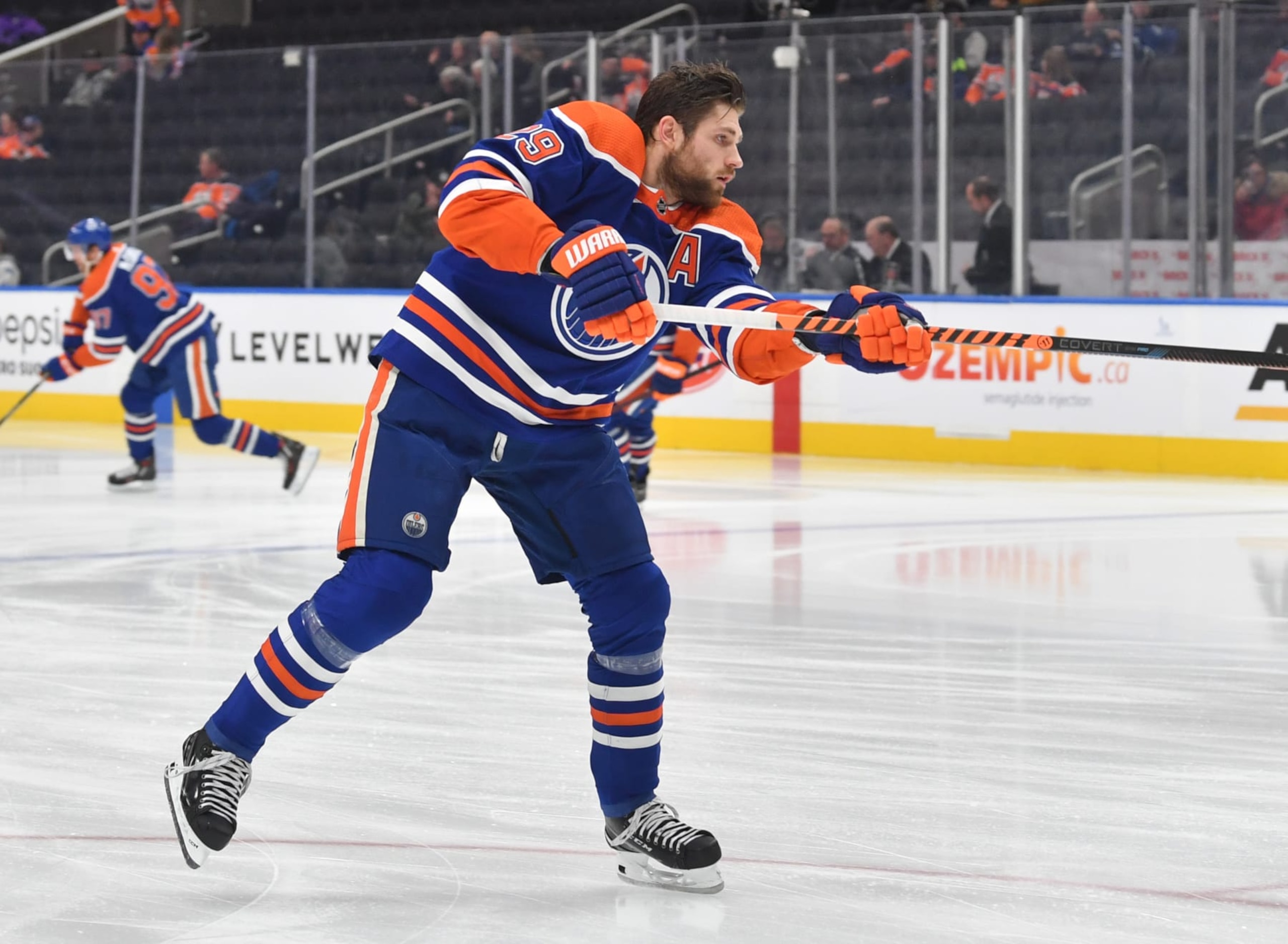 EDMONTON, CANADA - DECEMBER 23: Leon Draisaitl #29 of the Edmonton Oilers warms up before the game against the Vancouver Canucks on December 23, 2022 at Rogers Place in Edmonton, Alberta, Canada. (Photo by Andy Devlin/NHLI via Getty Images)