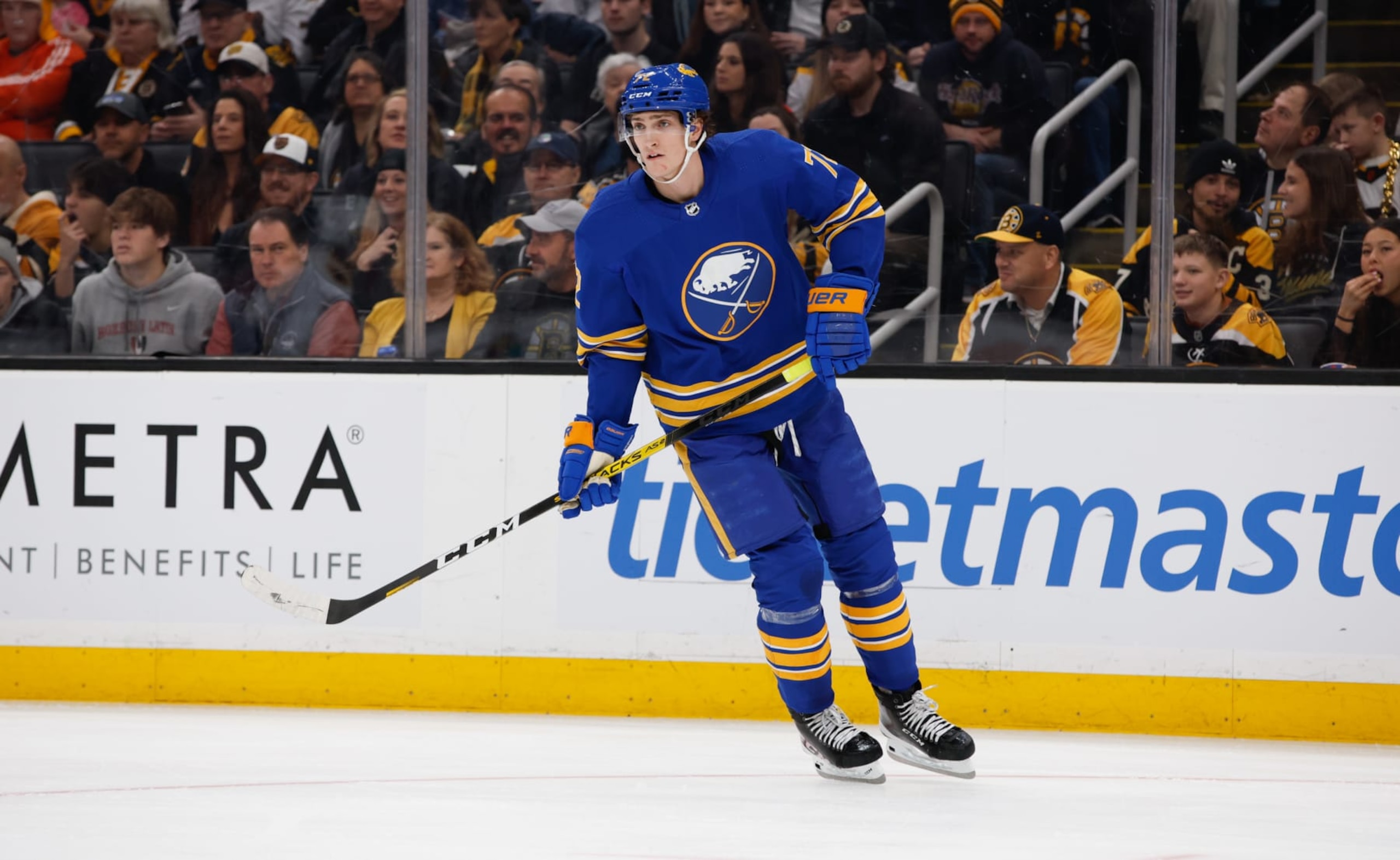 BOSTON, MA - DECEMBER 31: Tage Thompson #72 of the Buffalo Sabres skates against the Boston Bruins during the first period at the TD Garden on December 31, 2022 in Boston, Massachusetts. The Sabres won 4-3 in overtime. (Photo by Richard T Gagnon/Getty Images)