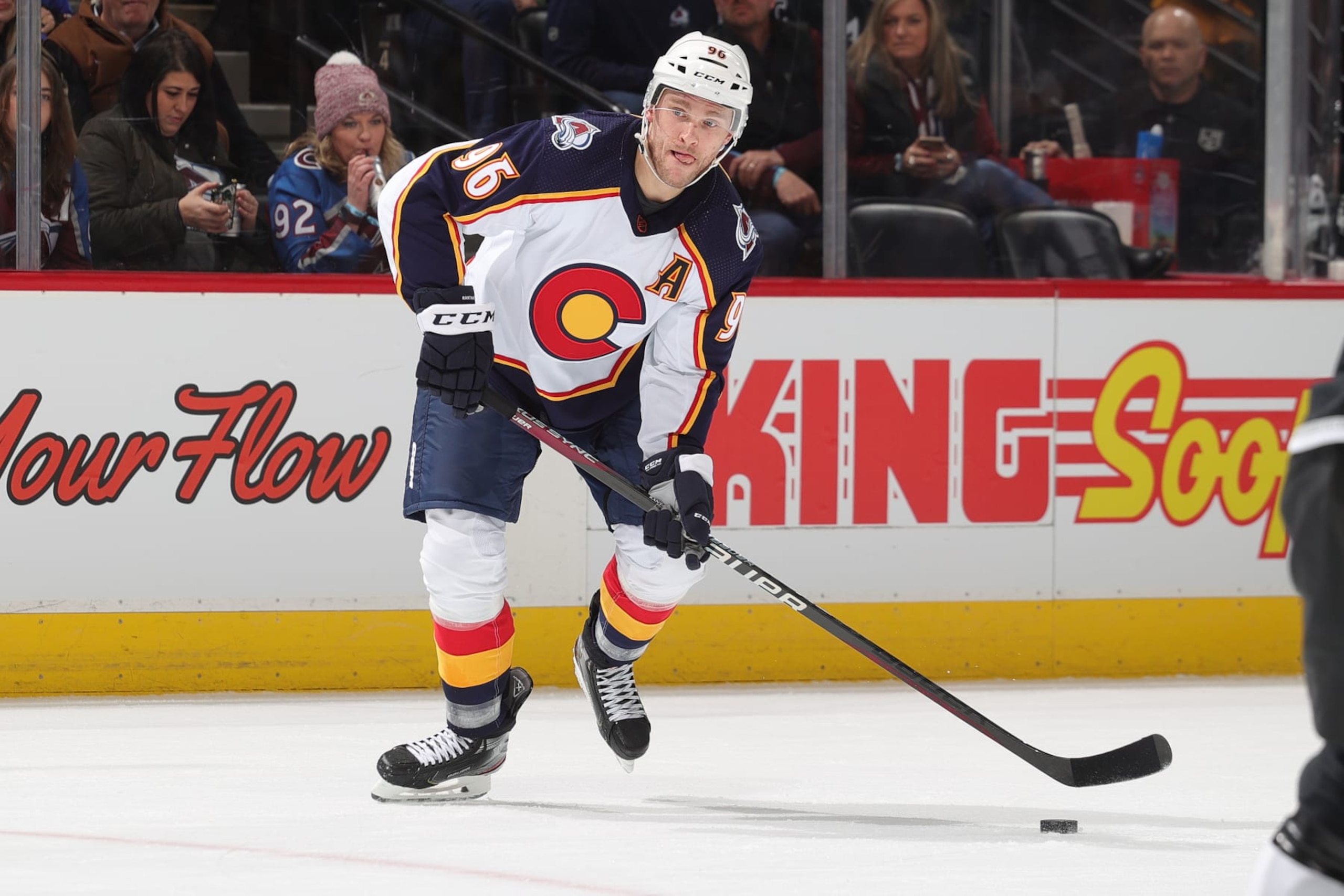 DENVER, COLORADO - DECEMBER 29: Mikko Rantanen #96 of the Colorado Avalanche skates against the Los Angeles Kings at Ball Arena on December 29, 2022 in Denver, Colorado. (Photo by Michael Martin/NHLI via Getty Images)