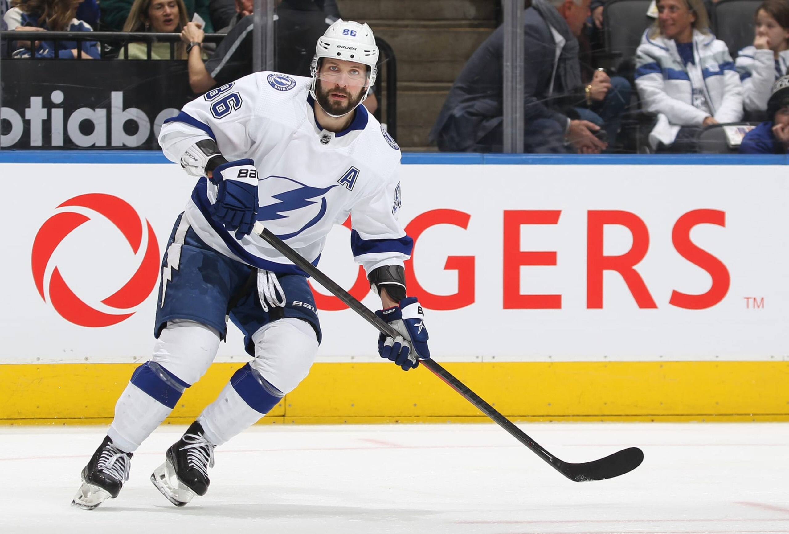 TORONTO, CANADA - DECEMBER 20:  Nikita Kucherov #86 of the Tampa Bay Lightning skates against the Toronto Maple Leafs during an NHL game at Scotiabank Arena on December 20, 2022 in Toronto, Ontario, Canada. The Maple Leafs defeated the Lightning 4-1. (Photo by Claus Andersen/Getty Images)
