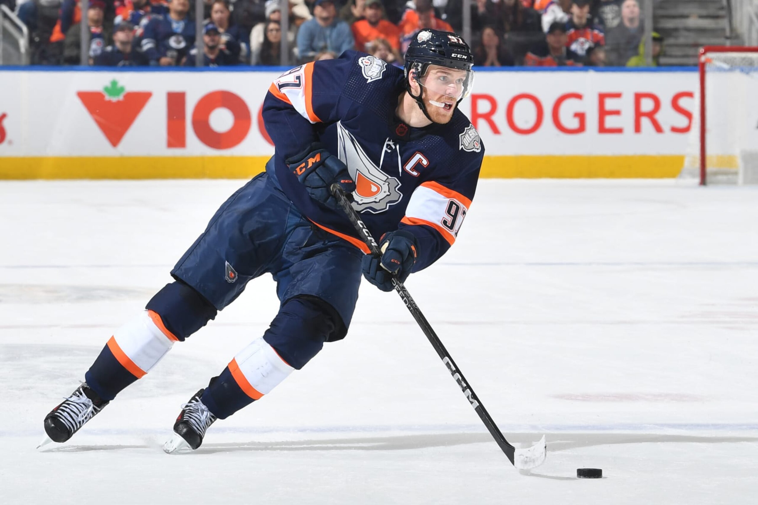EDMONTON, CANADA - DECEMBER 31: Connor McDavid #97 of the Edmonton Oilers skates during the game against the Winnipeg Jets on December 31, 2022 at Rogers Place in Edmonton, Alberta, Canada. (Photo by Andy Devlin/NHLI via Getty Images)