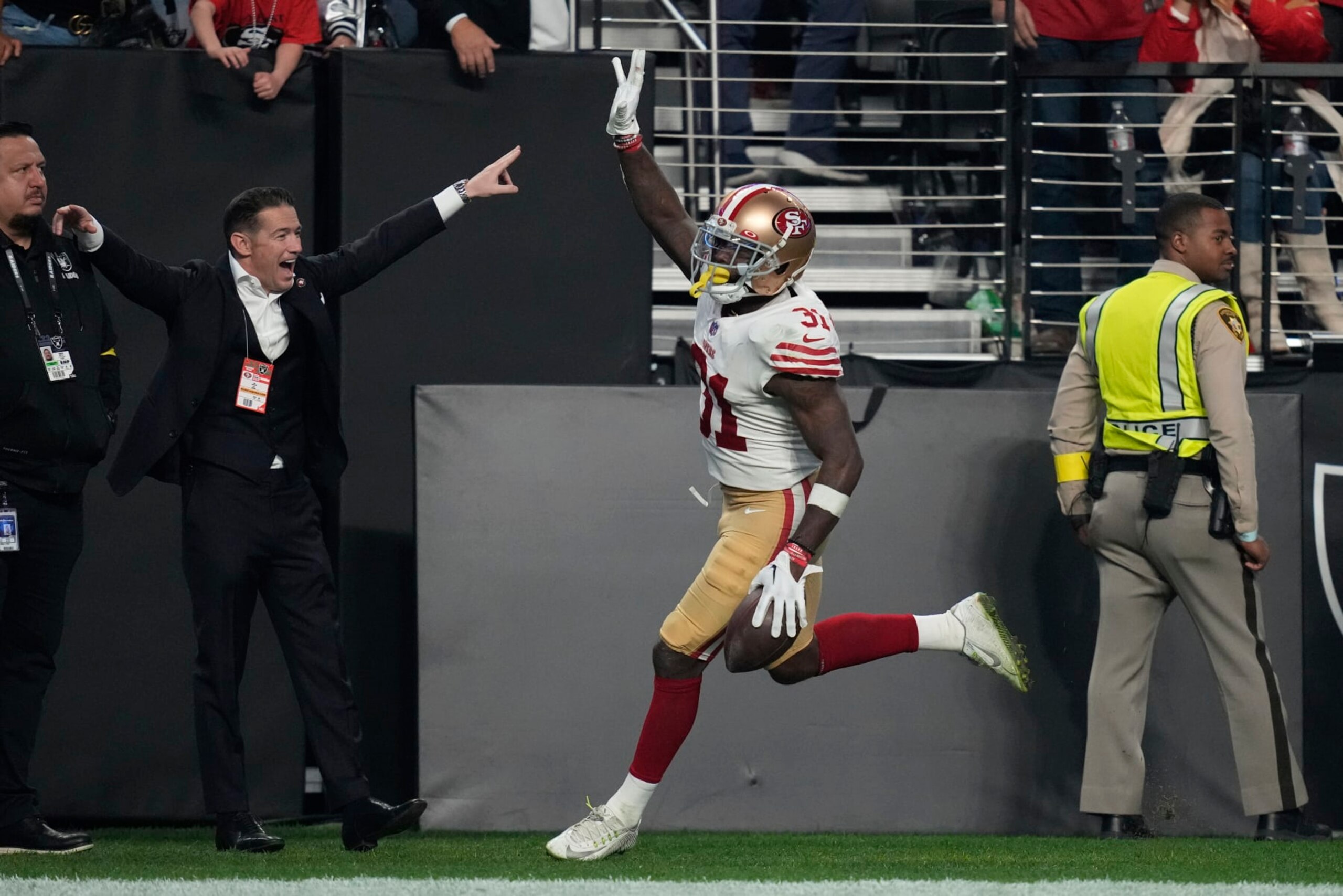 San Francisco 49ers safety Tashaun Gipson Sr. (31) celebrates after catching an interception during overtime in an NFL football game between the San Francisco 49ers and Las Vegas Raiders, Sunday, Jan. 1, 2023, in Las Vegas. The 49ers defeated the Raiders 37-34 in overtime. (AP Photo/John Locher)