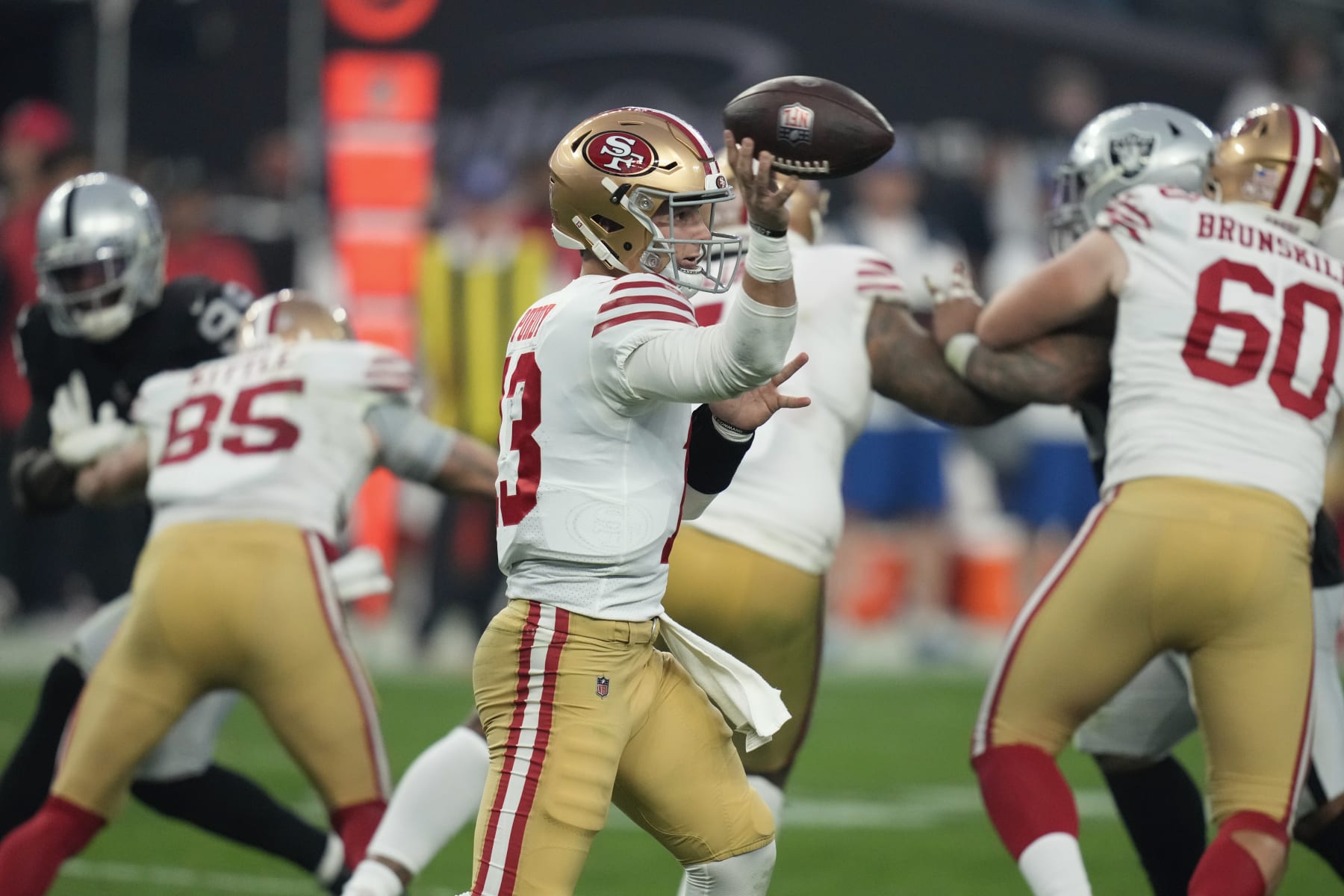 San Francisco 49ers quarterback Brock Purdy (13) throws a pass during the second half of an NFL football game between the San Francisco 49ers and Las Vegas Raiders, Sunday, Jan. 1, 2023, in Las Vegas. (AP Photo/John Locher)