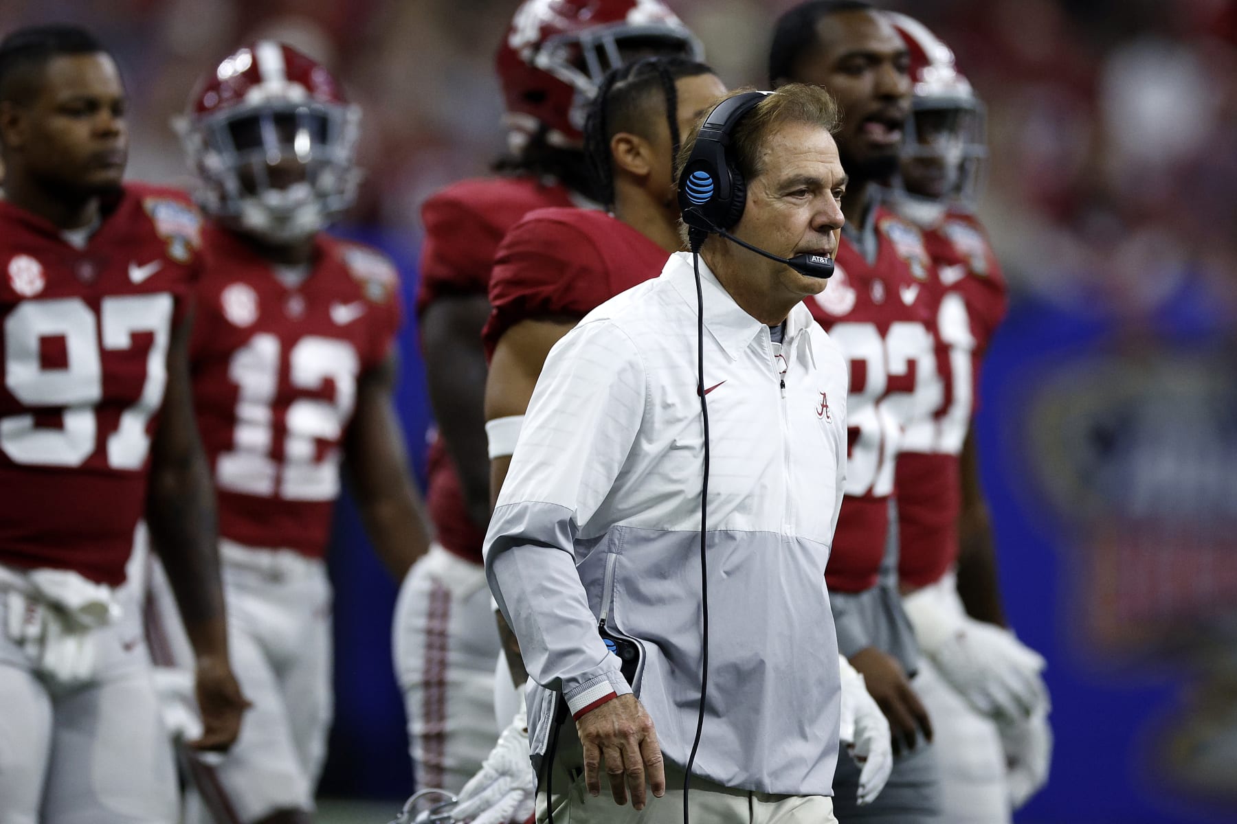 NEW ORLEANS, LOUISIANA - DECEMBER 31: Head coach Nick Saban of the Alabama Crimson Tide looks on during the Allstate Sugar Bowl at Caesars Superdome on December 31, 2022 in New Orleans, Louisiana. (Photo by Chris Graythen/Getty Images)