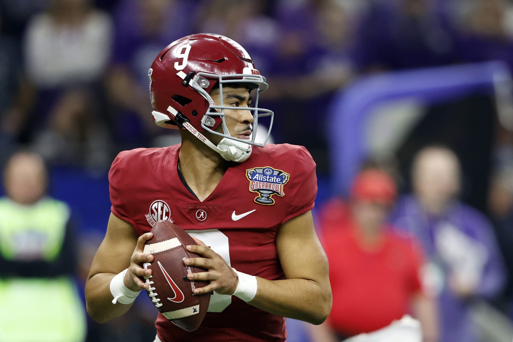 Alabama quarterback Bryce Young (9) throws a pass against Kansas State during the second half of the Sugar Bowl NCAA college football game Saturday, Dec. 31, 2022, in New Orleans. (AP Photo/Butch Dill)