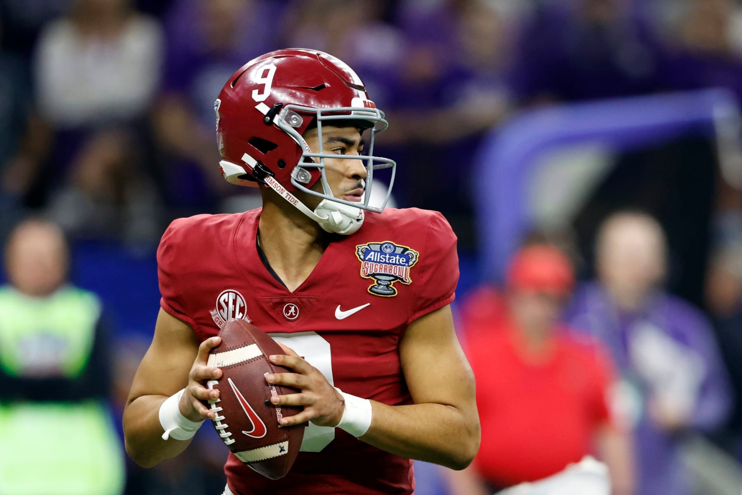 Alabama quarterback Bryce Young (9) throws a pass against Kansas State during the second half of the Sugar Bowl NCAA college football game Saturday, Dec. 31, 2022, in New Orleans. (AP Photo/Butch Dill)