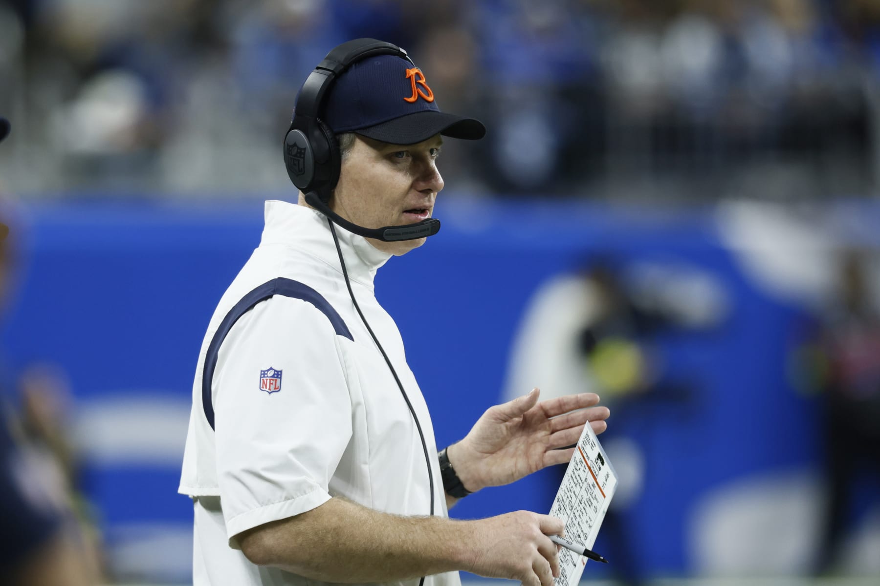 Chicago Bears head coach Matt Eberflus on the sideline during the second half of an NFL football game against the Detroit Lions, Sunday, Jan. 1, 2023, in Detroit. (AP Photo/Duane Burleson)