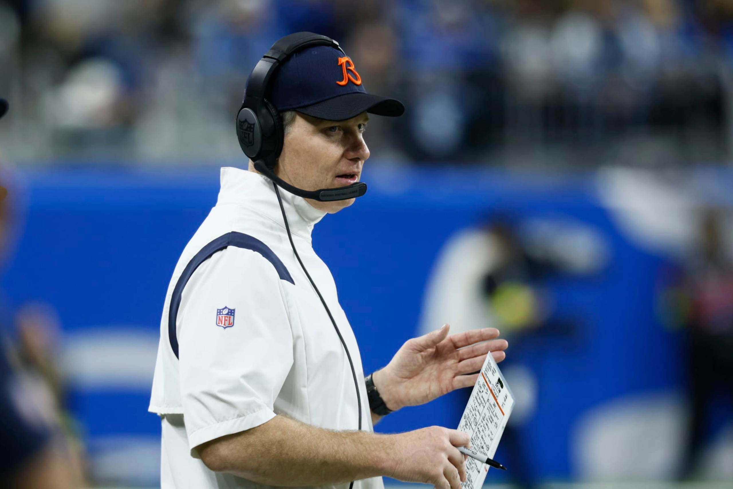 Chicago Bears head coach Matt Eberflus on the sideline during the second half of an NFL football game against the Detroit Lions, Sunday, Jan. 1, 2023, in Detroit. (AP Photo/Duane Burleson)