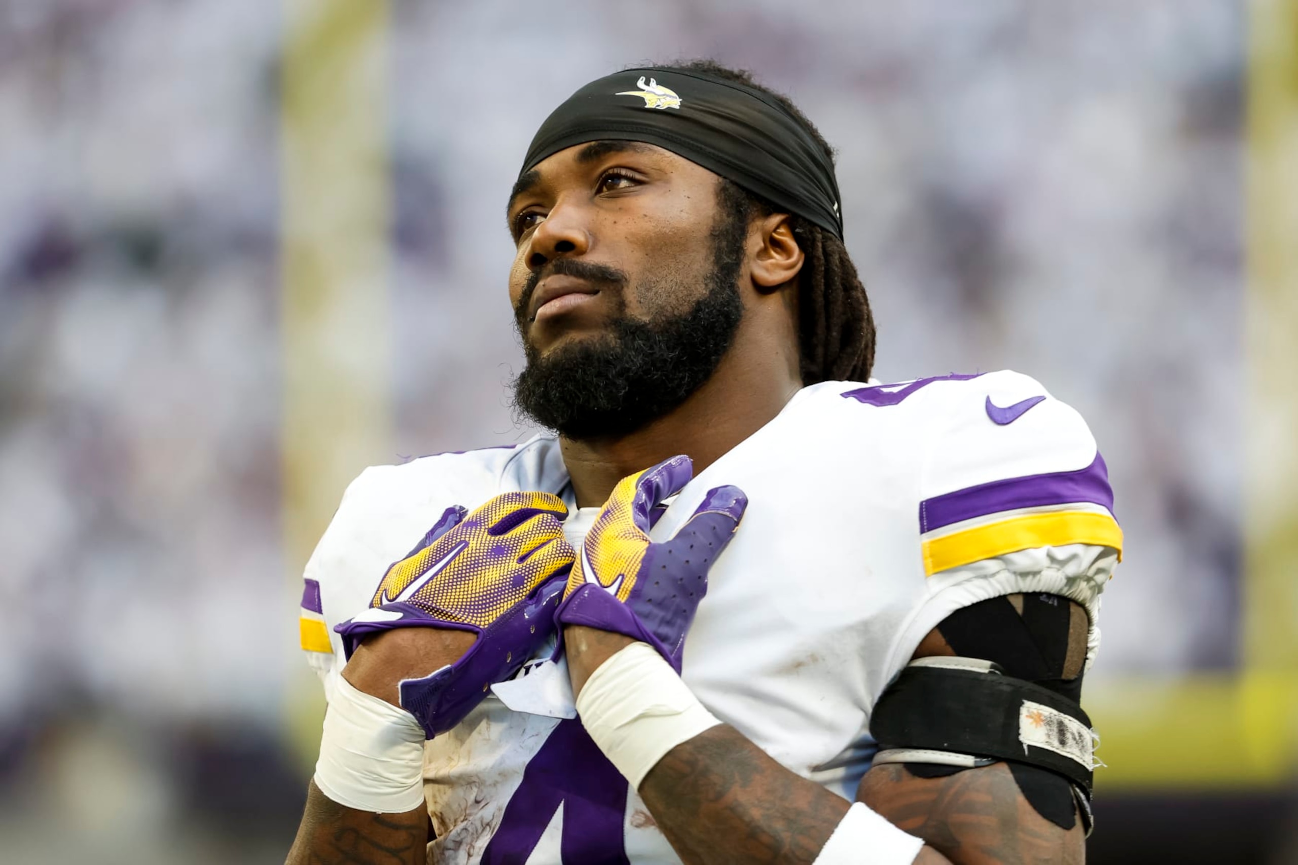 MINNEAPOLIS, MN - DECEMBER 24: Dalvin Cook #4 of the Minnesota Vikings looks on against the New York Giants in the second quarter of the game at U.S. Bank Stadium on December 24, 2022 in Minneapolis, Minnesota. The Vikings defeated the Giants 27-24. (Photo by David Berding/Getty Images)