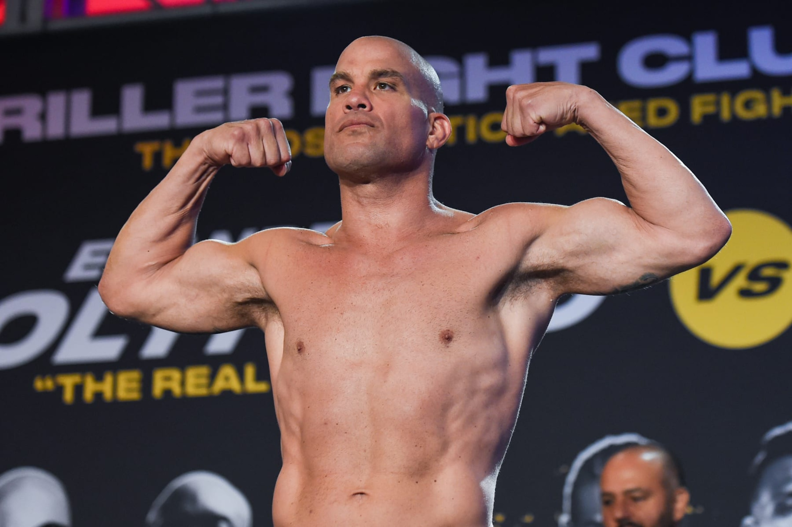 FORT LAUDERDALE, FL - SEPTEMBER 10: Tito Ortiz flexes during the weigh-in ahead of his fight against Anderson Silva on September 11 at The Harbor Beach Marriott on September 10, 2021 in Fort Lauderdale, Florida. (Photo by Eric Espada/Getty Images) FORT LAUDERDALE, FL - SEPTEMBER 10: Tito Ortiz flexes during the weigh-in ahead of his fight against Anderson Silva on September 11 at The Harbor Beach Marriott on September 10, 2021 in Fort Lauderdale, Florida. (Photo by Eric Espada/Getty Images)