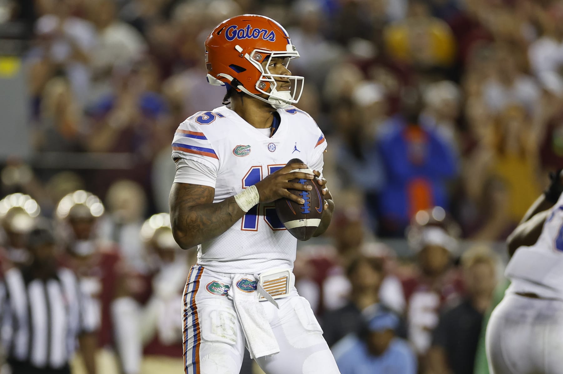 TALLAHASSEE, FL - NOVEMBER 25: Florida Gators quarterback Anthony Richardson (15) throws a pass during the game between the Florida Gators and the Florida State Seminoles on November 25, 2022 at Doak Campbell Stadium in Tallahassee, Fl. (Photo by David Rosenblum/Icon Sportswire via Getty Images)