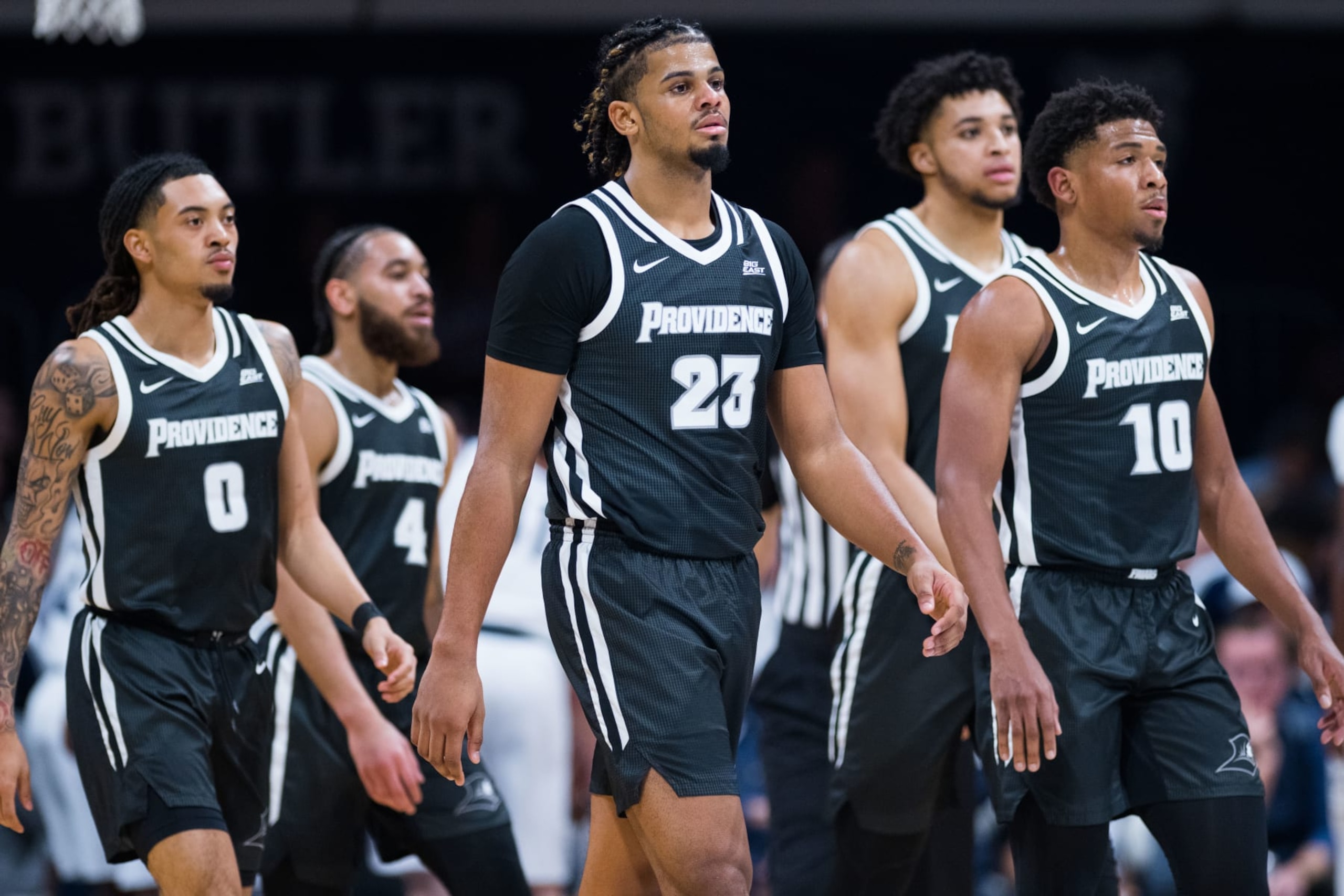 INDIANAPOLIS, IN - DECEMBER 29: Providence Friars guard Bryce Hopkins (23) walks to the sidelines during the men's college basketball game between the Butler Bulldogs and Providence Friars on December 29, 2022, at Hinkle Fieldhouse in Indianapolis, IN. (Photo by Zach Bolinger/Icon Sportswire via Getty Images) INDIANAPOLIS, IN - DECEMBER 29: Providence Friars guard Bryce Hopkins (23) walks to the sidelines during the men's college basketball game between the Butler Bulldogs and Providence Friars on December 29, 2022, at Hinkle Fieldhouse in Indianapolis, IN. (Photo by Zach Bolinger/Icon Sportswire via Getty Images)