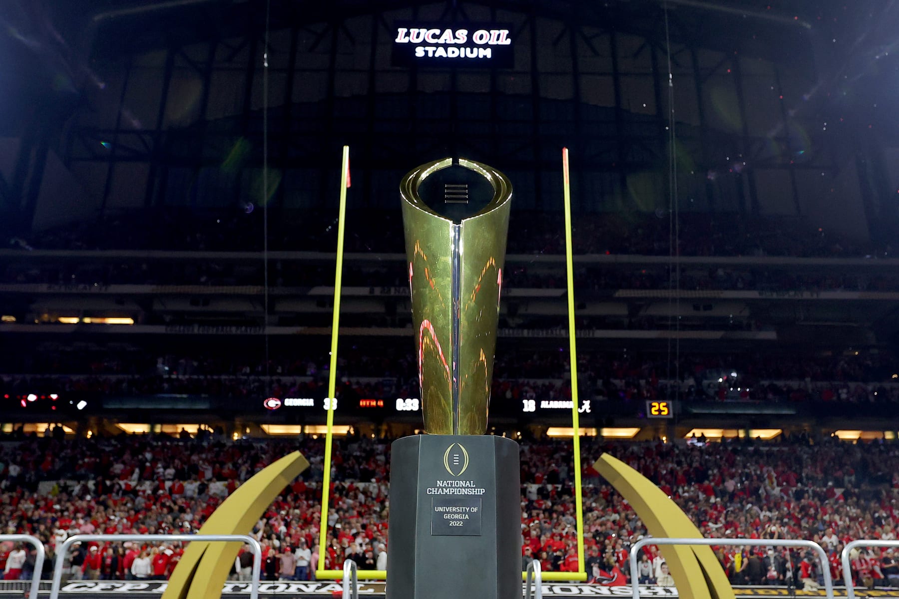 INDIANAPOLIS, INDIANA - JANUARY 10: The National Championship trophy is displayed after the Georgia Bulldogs defeated the Alabama Crimson Tide 33-18 in the 2022 CFP National Championship Game at Lucas Oil Stadium on January 10, 2022 in Indianapolis, Indiana. (Photo by Kevin C. Cox/Getty Images)